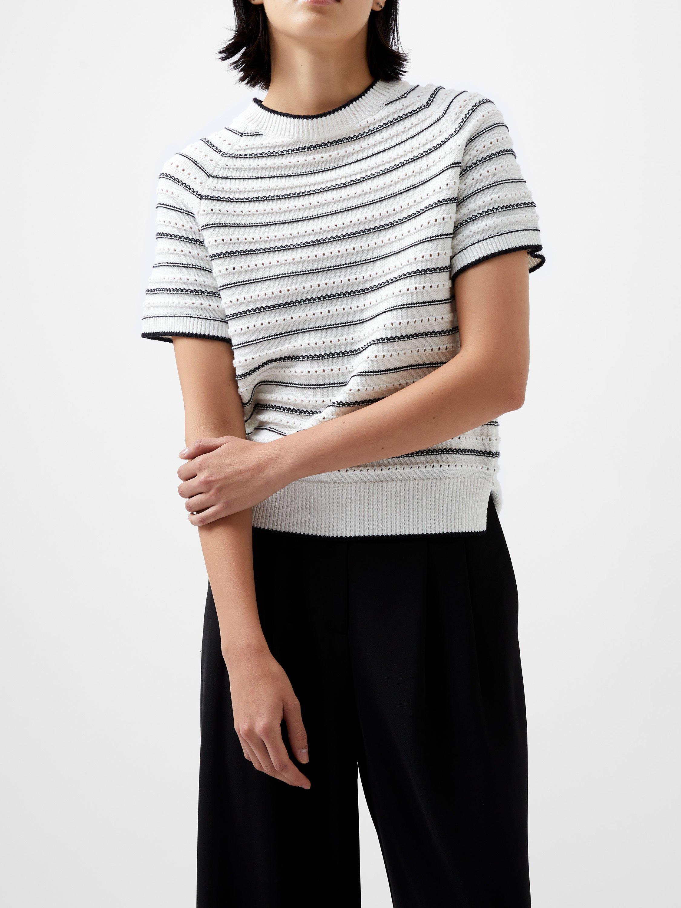 French Connection Oskie Stripe Short Sleeve Jumper, Winter White/Moonless