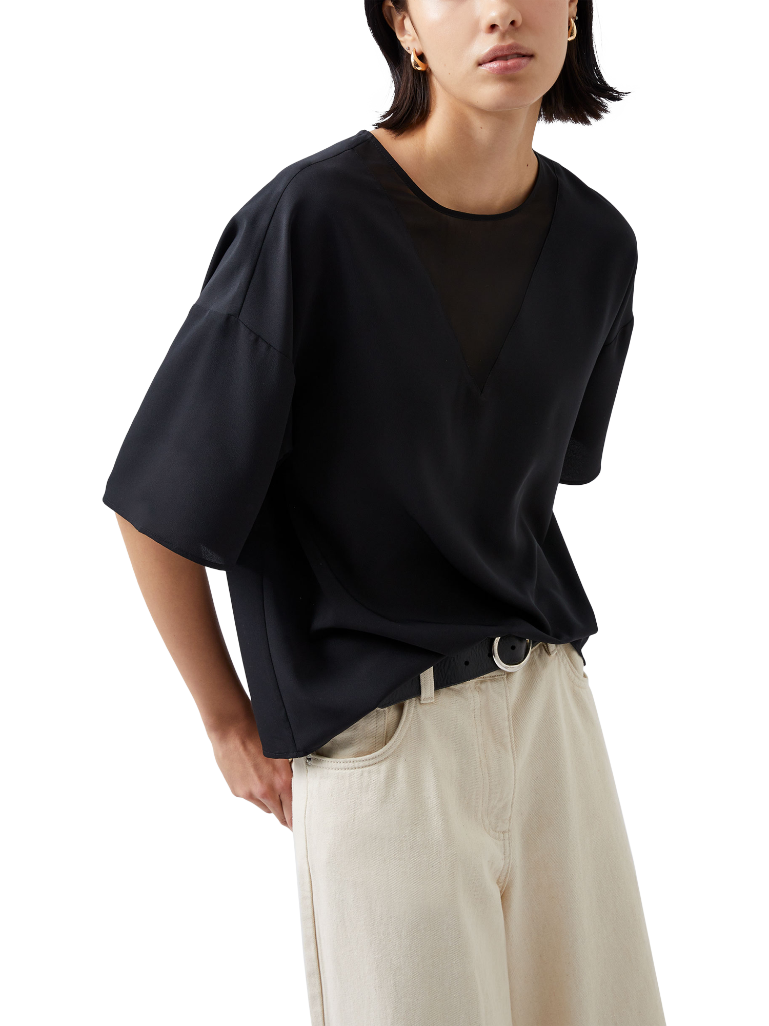 French Connection Crepe Light Sleeve Top, Black