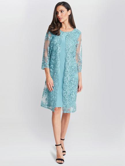 Gina Bacconi Jill Embroidered Lace Mock Jacket Dress, Teal, Teal