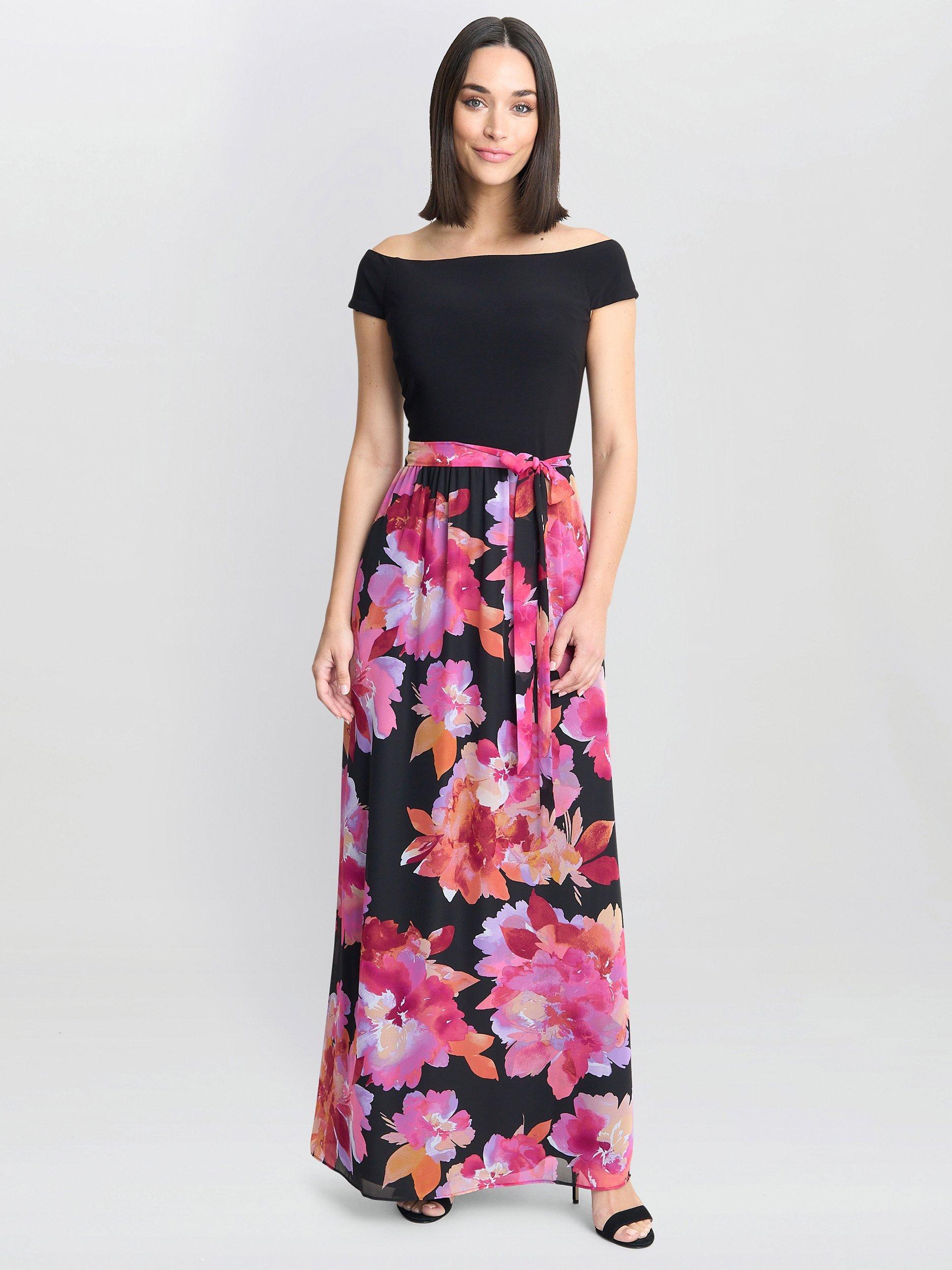 Gina Bacconi Ruth Maxi Dress, Black/Pink, 10