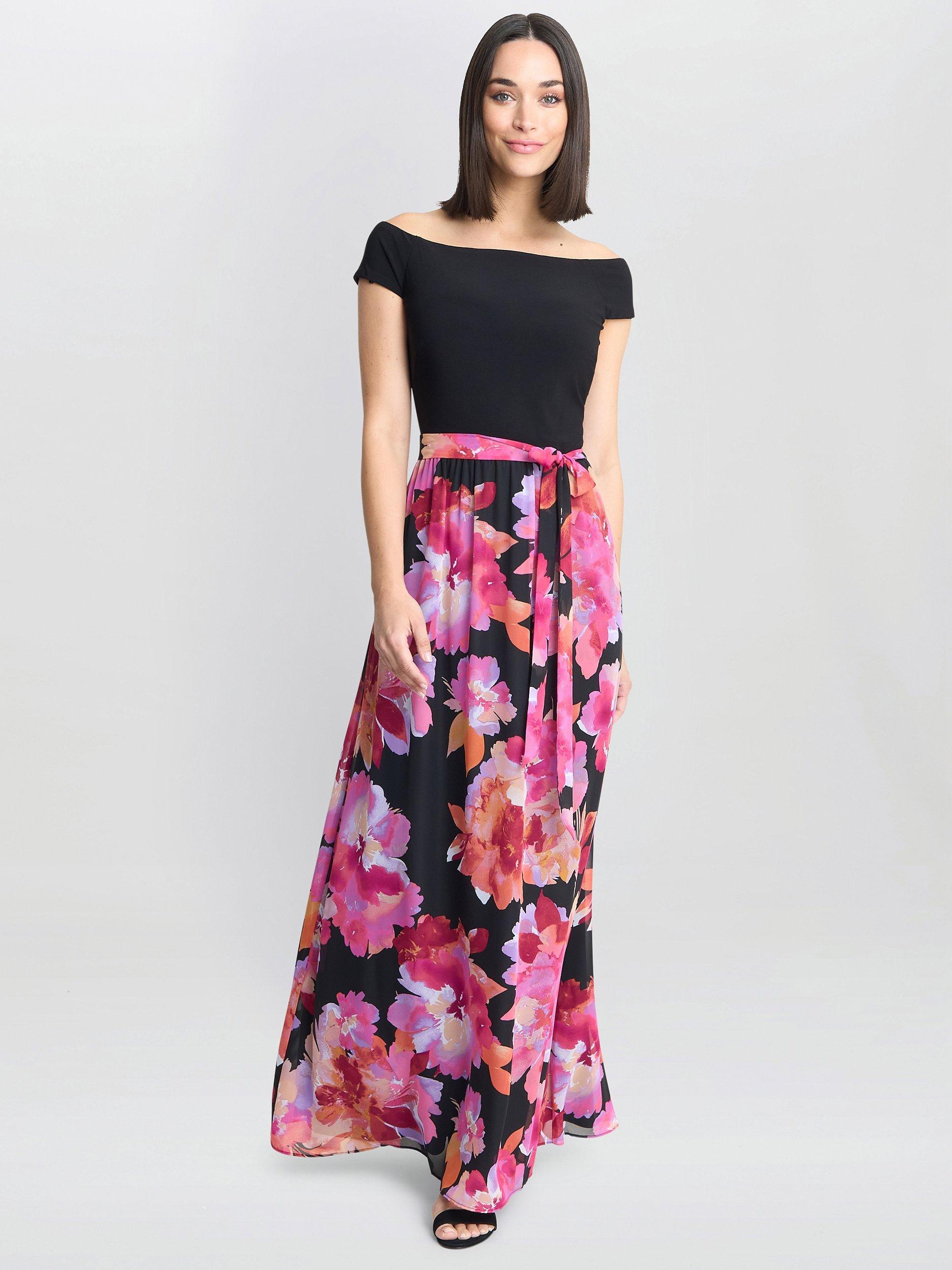 Gina Bacconi Ruth Maxi Dress, Black/Pink, 10