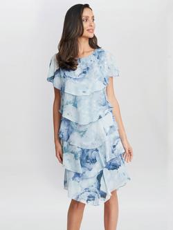 Gina Bacconi Rosanna Printed Tiered Dress, Blue/Multi, Blue/Multi