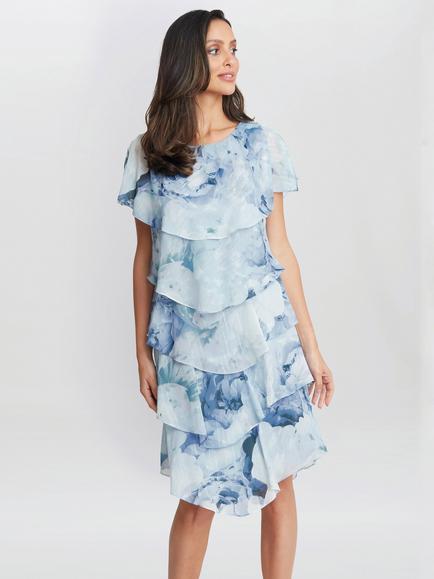 Gina Bacconi Rosanna Printed Tiered Dress, Blue/Multi, Blue/Multi
