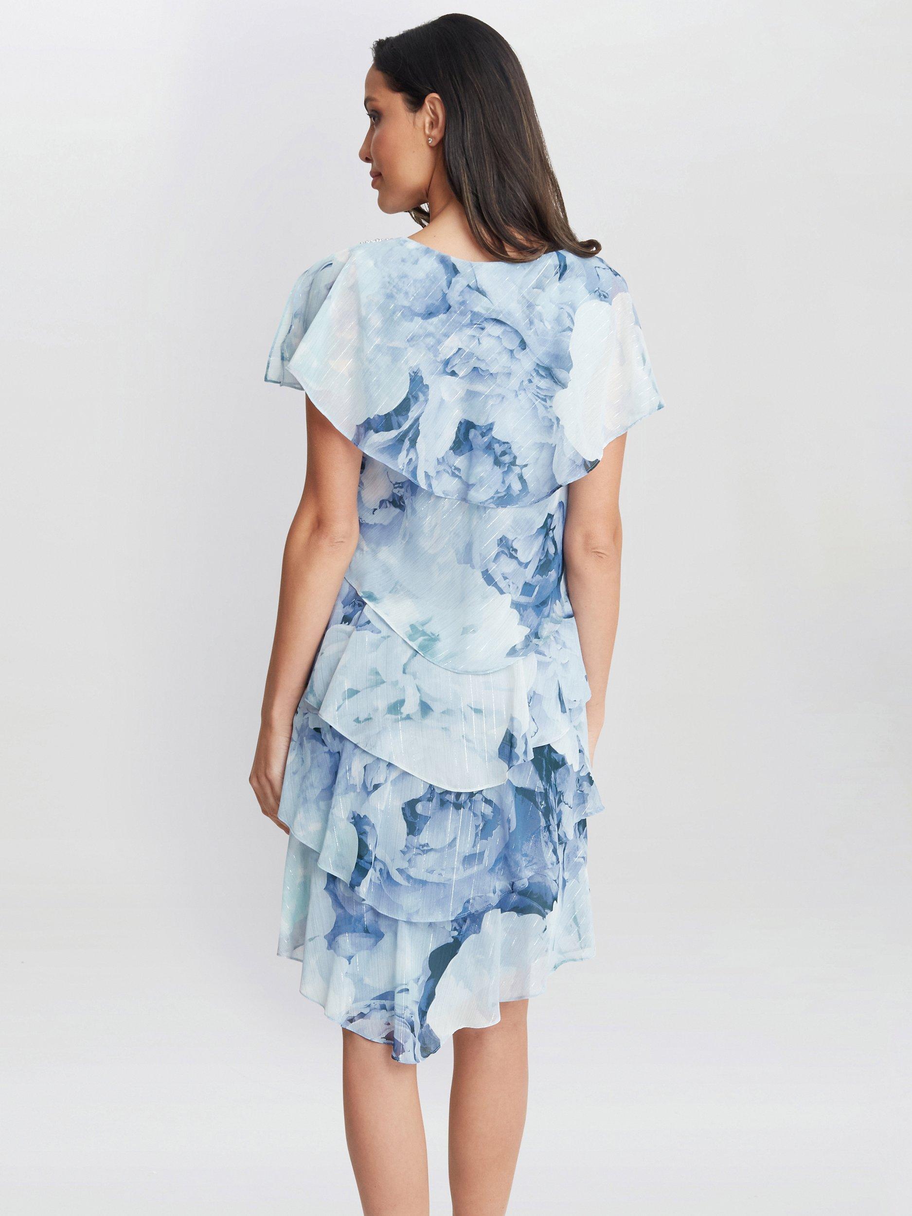 Product image 2 of 4, which shows Gina Bacconi Rosanna Printed Tiered Dress, Blue/Multi, 10