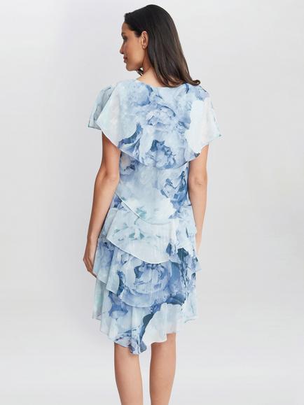 Gina Bacconi Rosanna Printed Tiered Dress, Blue/Multi - view 2, Blue/Multi