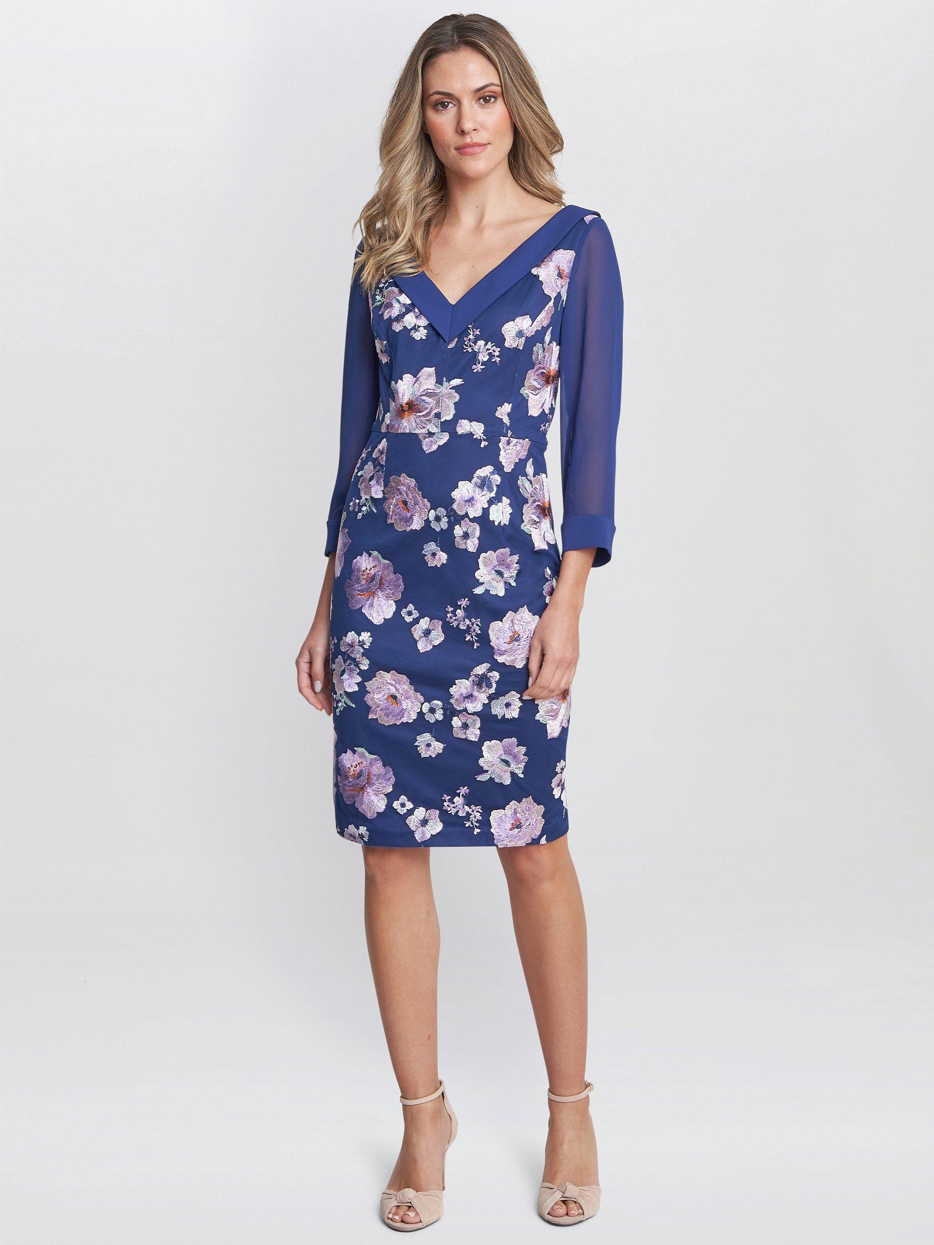 Product image 6 of 6, which shows Gina Bacconi Daisy Embroidered Dress, Navy, 8