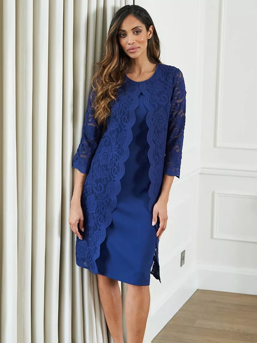 Gina Bacconi Clarabelle Mock Lace Jacket Crepe Dress Navy