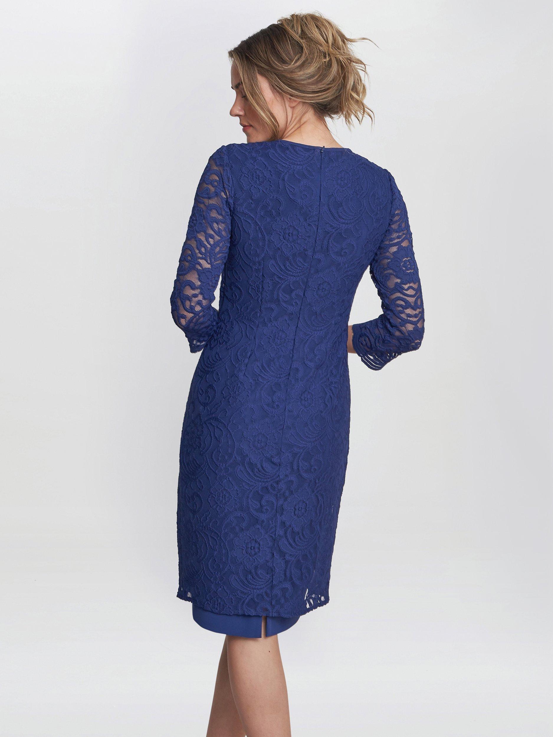 Product image 2 of 6, which shows Gina Bacconi Clarabelle Mock Lace Jacket Crepe Dress, Navy, 8