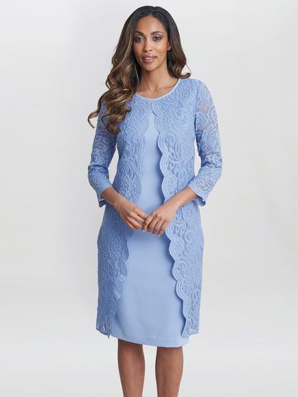 Gina Bacconi Clarabelle Mock Lace Jacket Crepe Dress, Navy, Nordic Blue