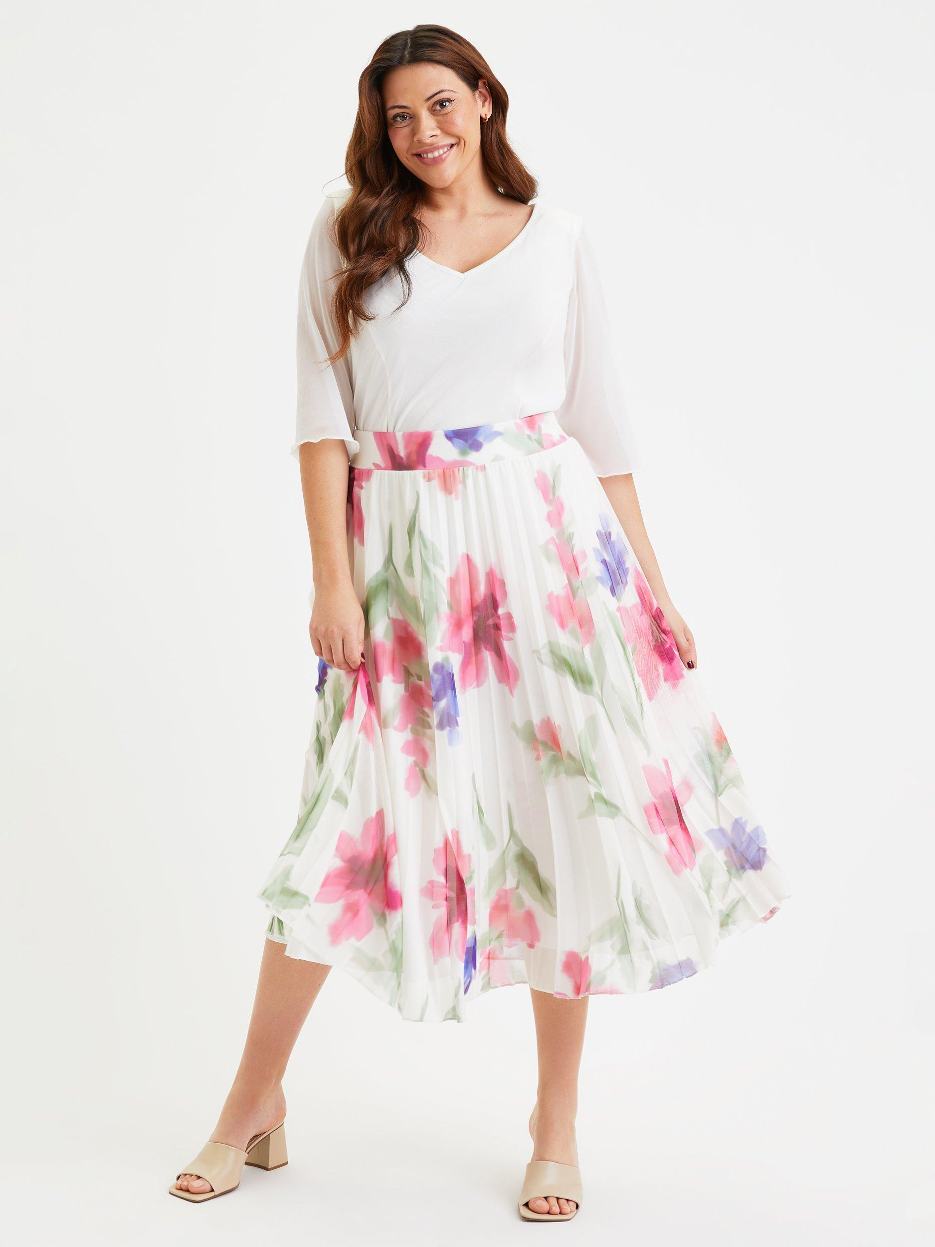 Scarlett Jo Floral Pleated Midi Skirt Ivory Multi