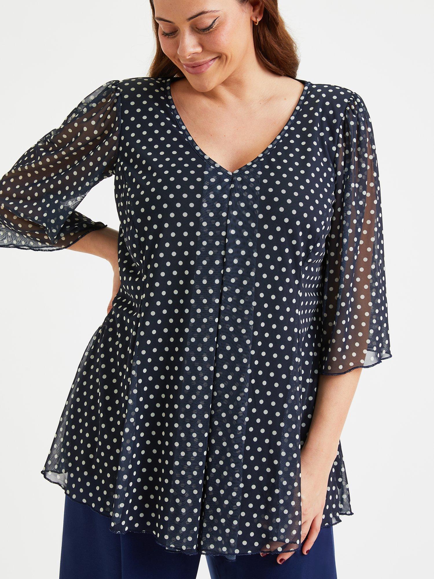 Scarlett & Jo Spot Pleated V-Neck Tunic Top, Navy/White