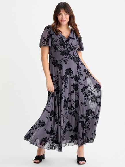 Scarlett & Jo Isabelle Floral Flock Dress, Grey/Black, Grey/Black