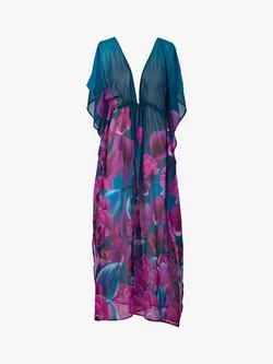 Seaspray Honolulu Maxi Floral Print Kaftan, Green/Print - view 2, Green/Pink