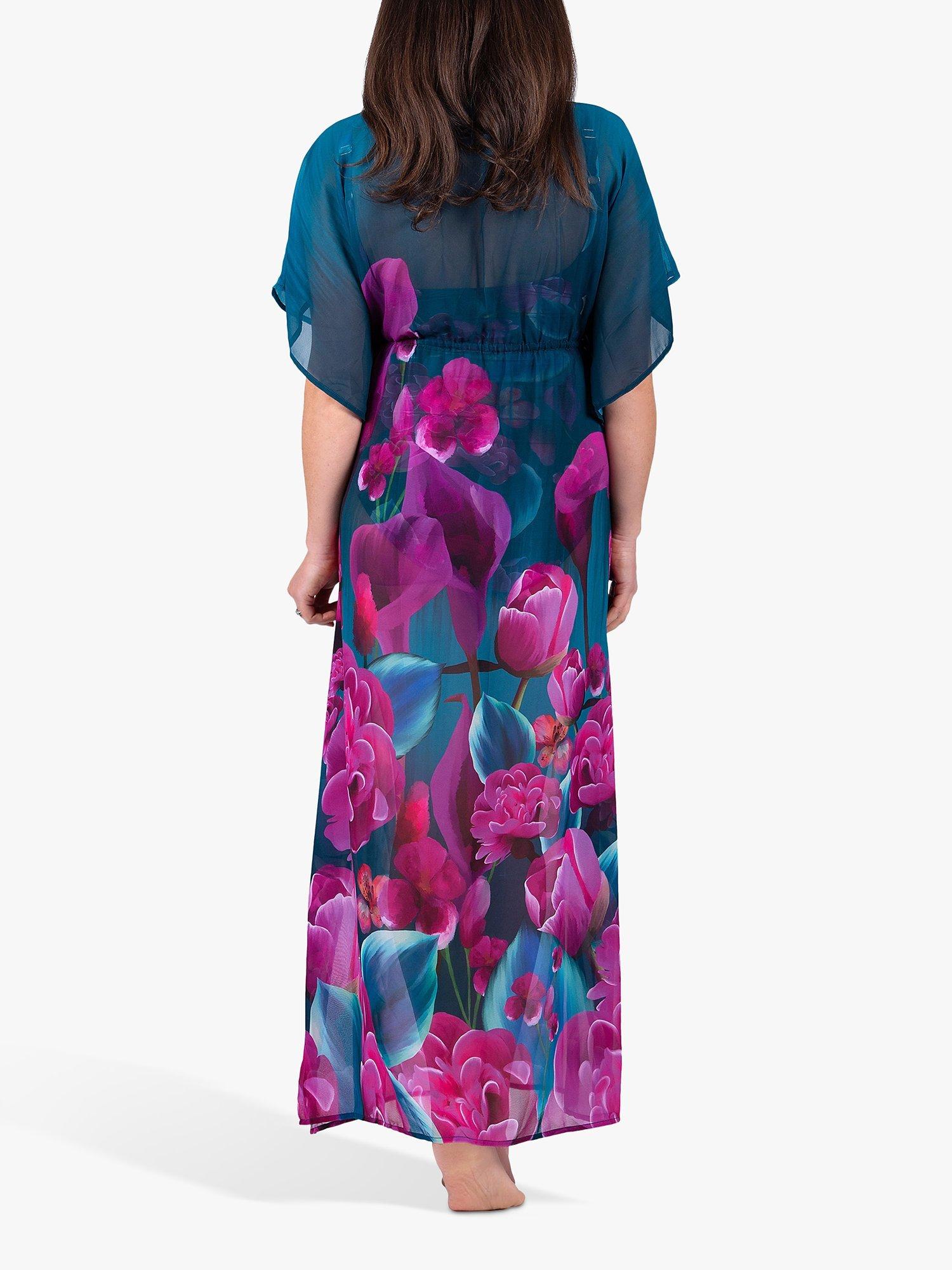 Product image 3 of 4, which shows Seaspray Honolulu Maxi Floral Print Kaftan, Green/Pink, S-M