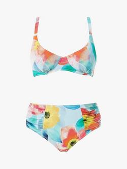 Seaspray Poppy Gathered Midi Brief Floral Print Bikini Bottoms, Aqua/Multi - view 2, Aqua/Multi