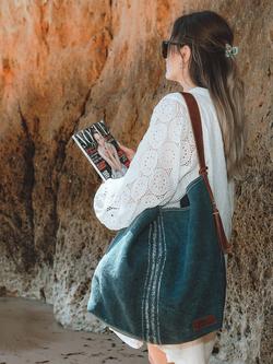 Seaspray Vertical Stripe Jute Beach Bag, Blue - view 2, Blue