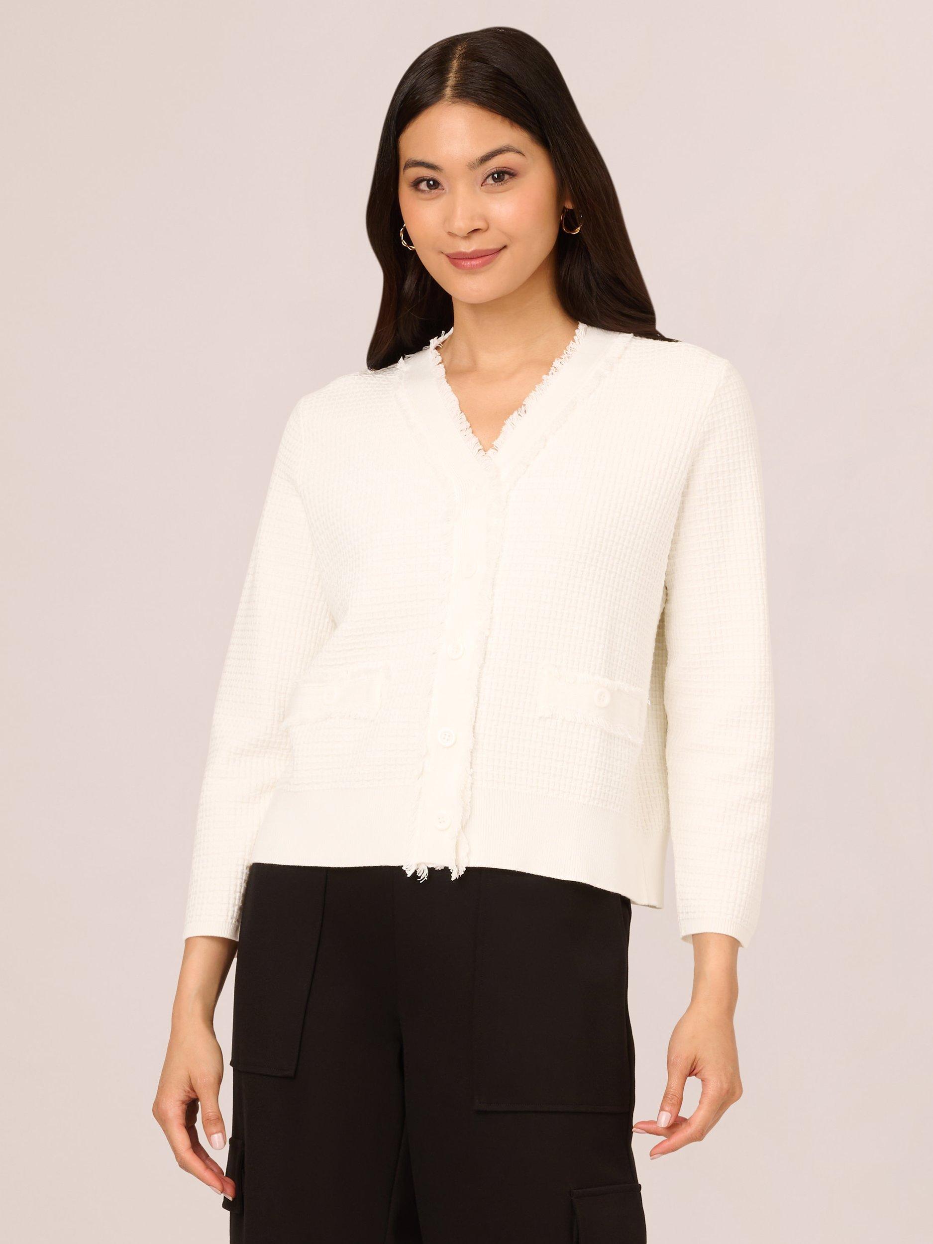Product image 1 of 7, which shows Adrianna Papell Frayed Waffle Crop Cardigan, Ivory, XS