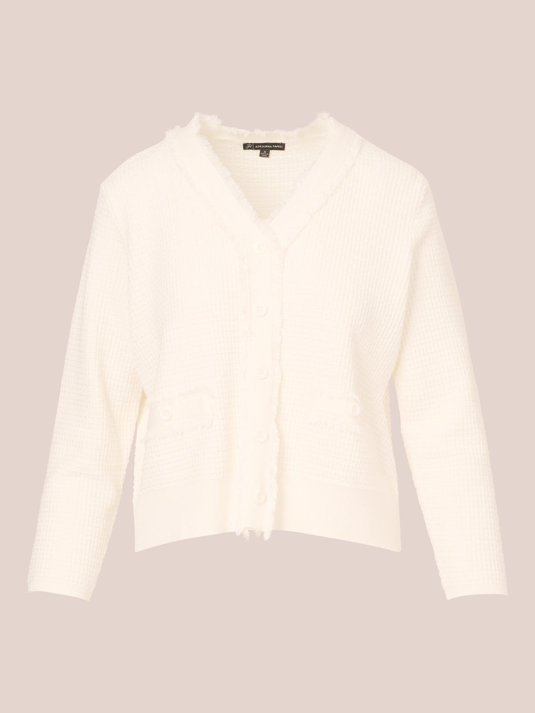 Product image 6 of 7, which shows Adrianna Papell Frayed Waffle Crop Cardigan, Ivory, XS