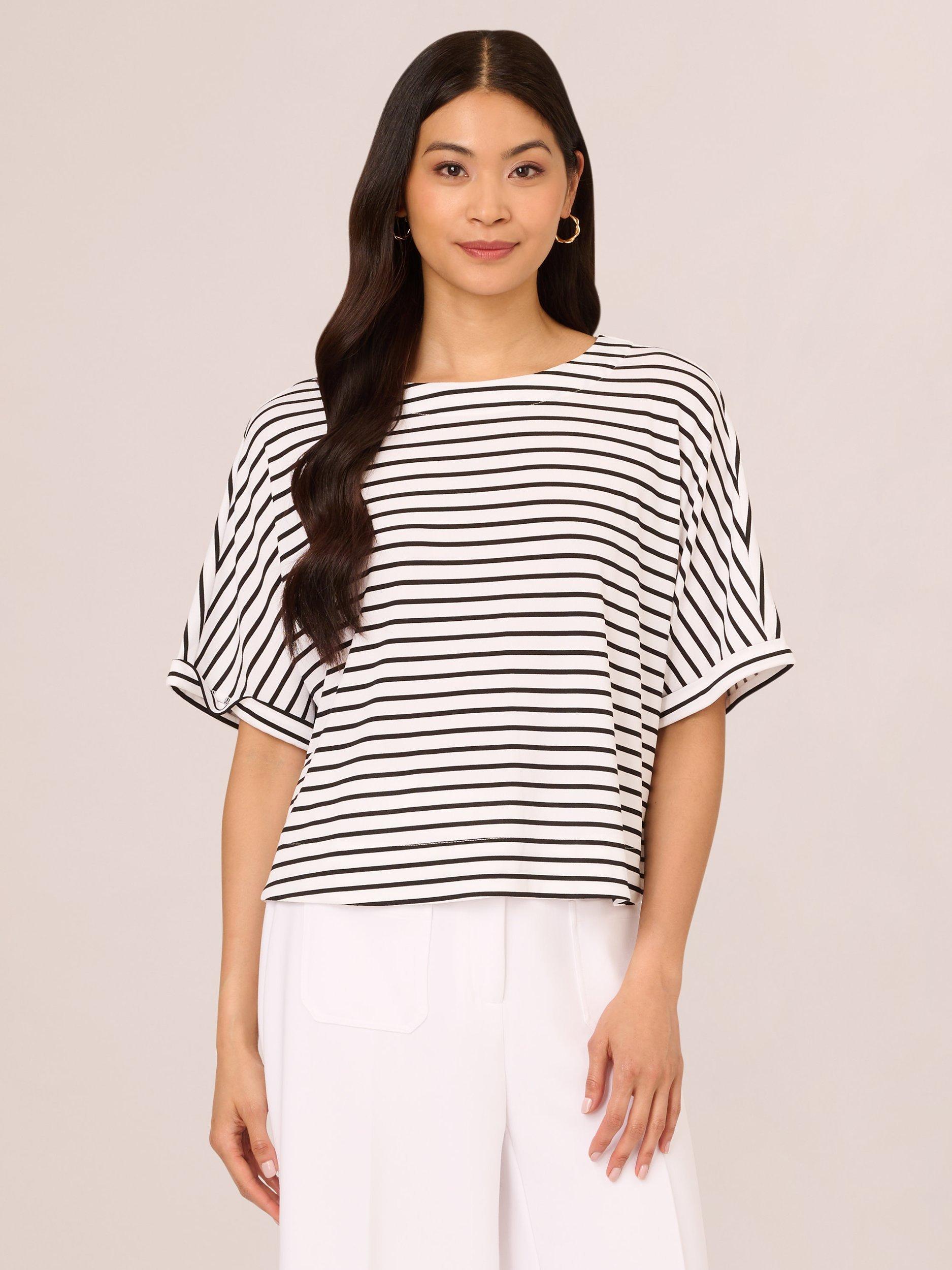 Product image 1 of 7, which shows Adrianna Papell Stripe Button Back Top, Ivory/Black, L