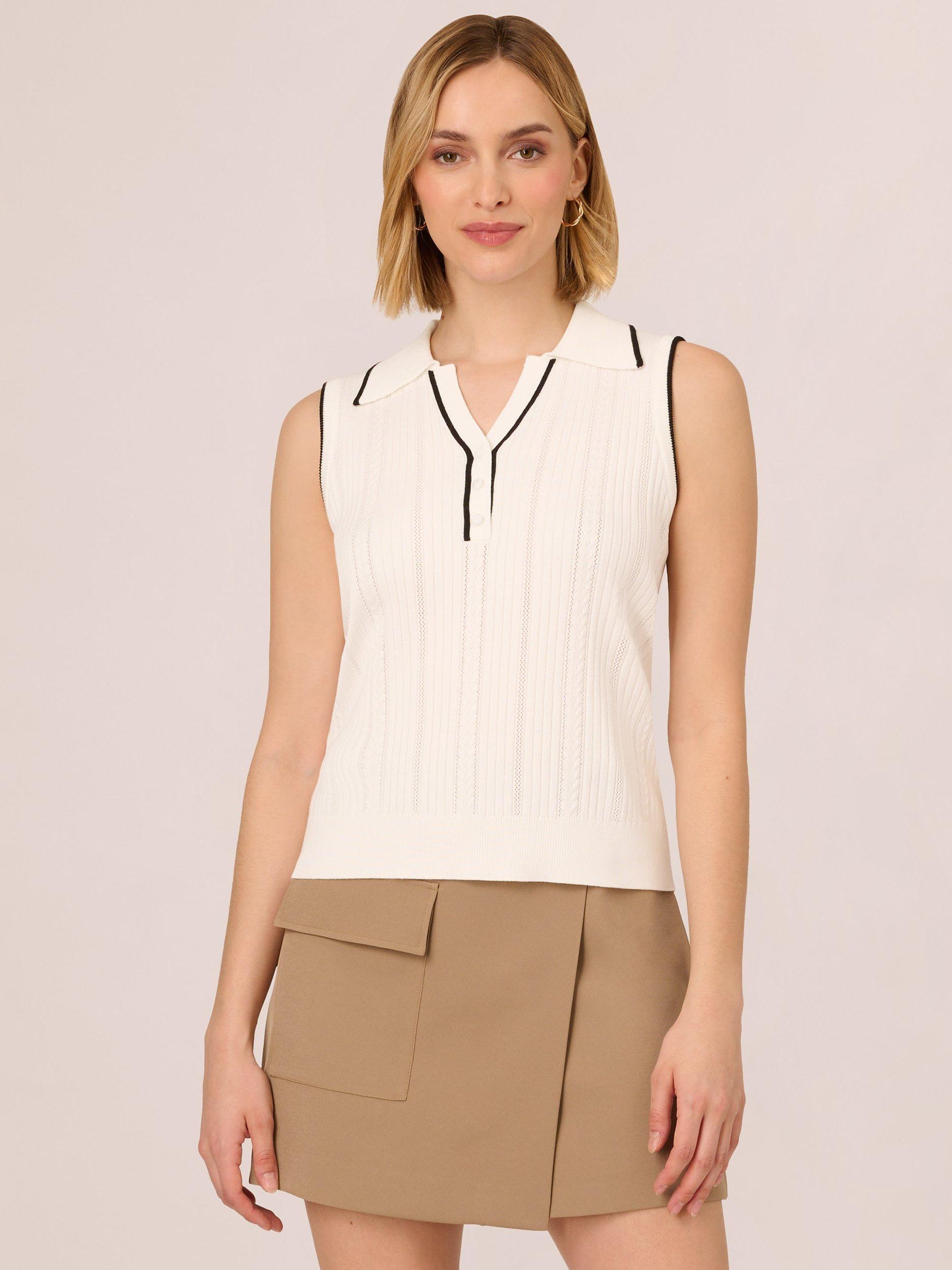 Product image 1 of 7, which shows Adrianna Papell Y-Polo Cable Knit Jumper, Ivory/Black, L
