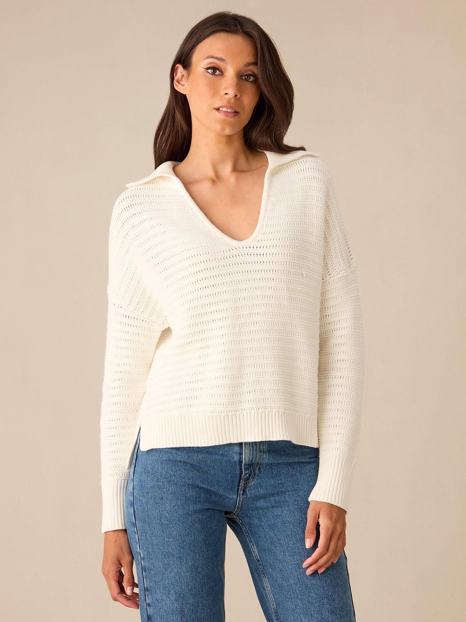 Product image 1 of 4, which shows Ro&Zo Knitted Collar Jumper, Cream, S