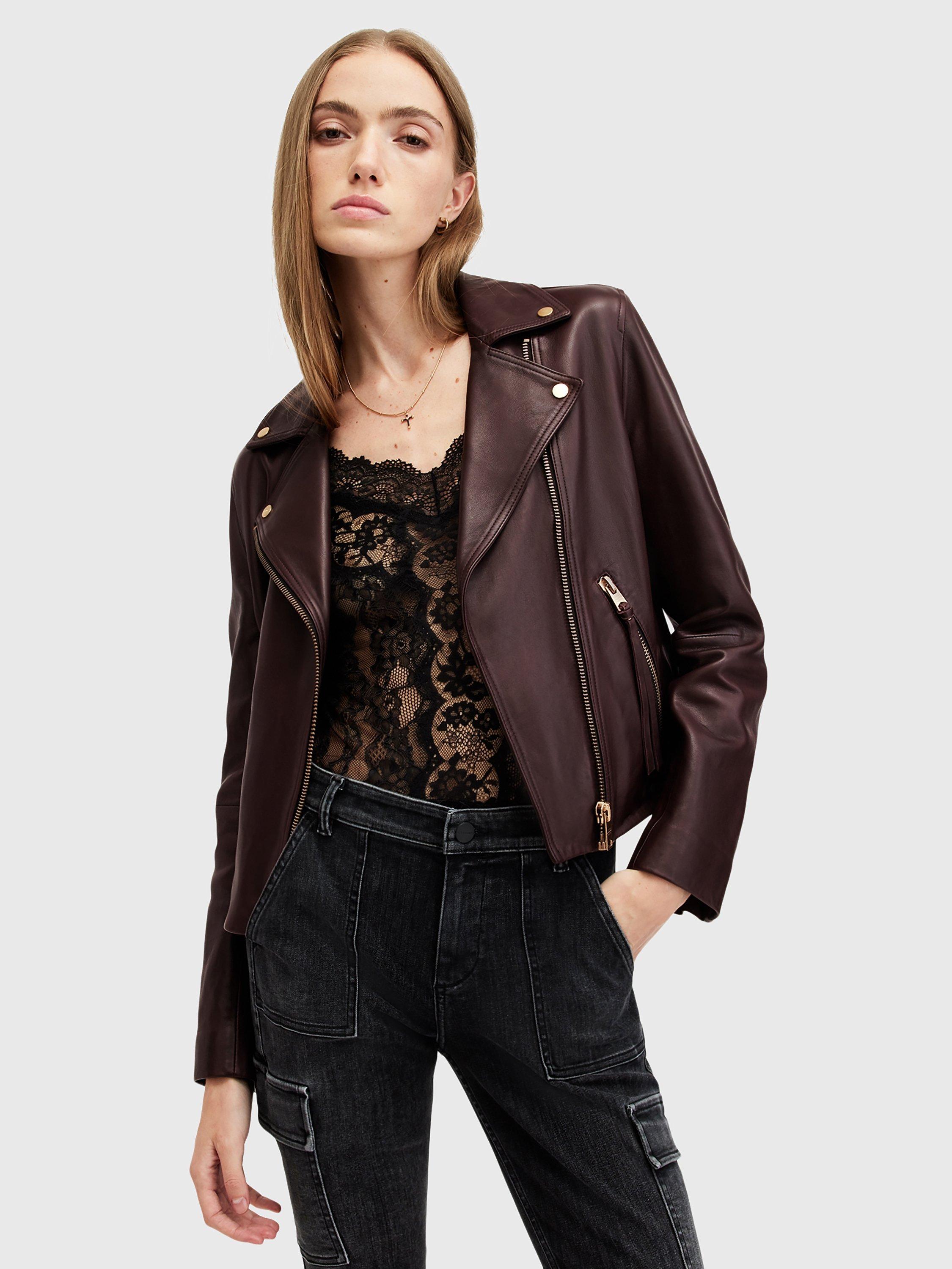 AllSaints Dalby Leather Biker Jacket Burgundy