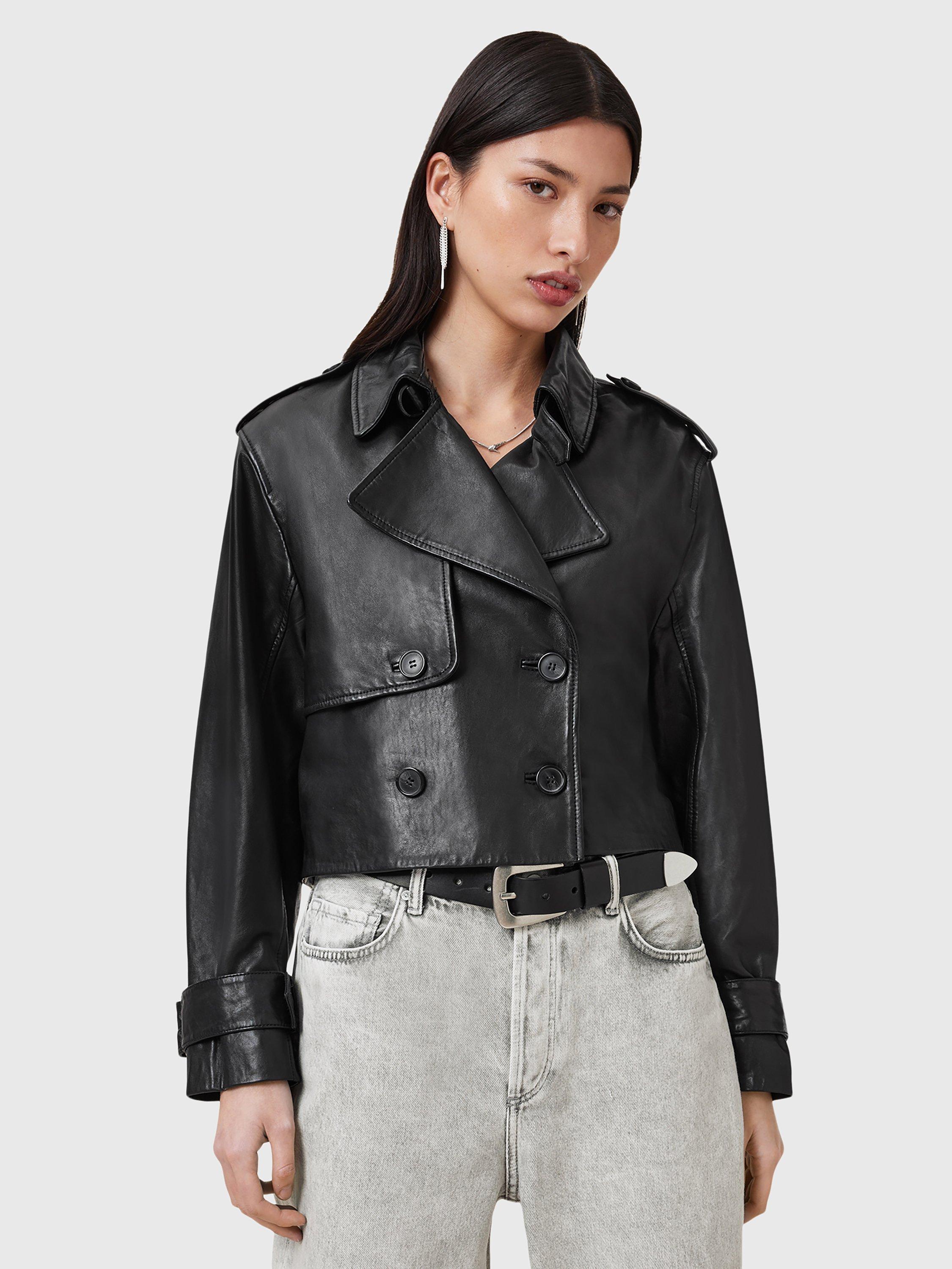 Product image 1 of 9, which shows AllSaints Hendry Crop Leather Trench Jacket, Black, L