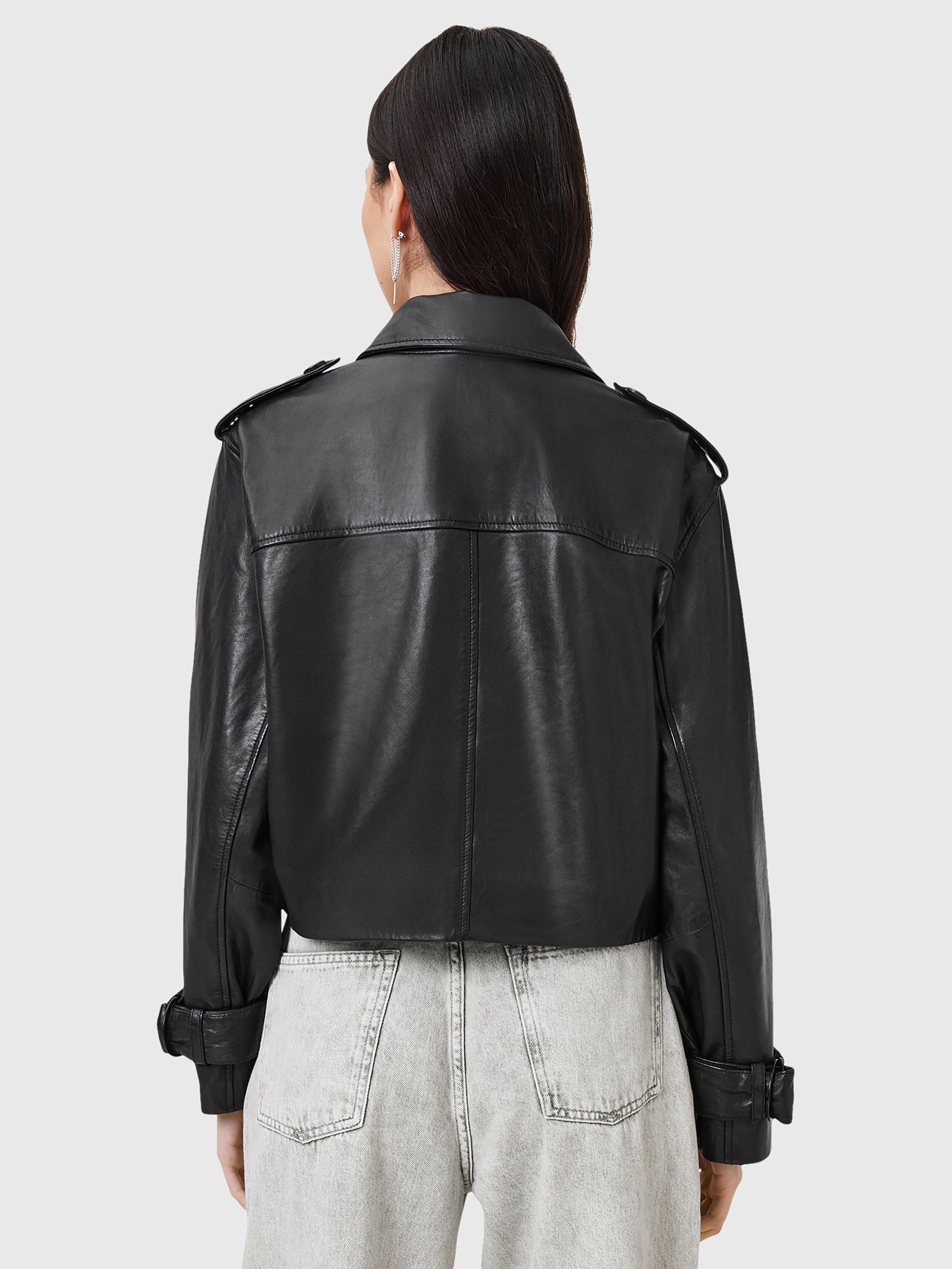 Product image 2 of 9, which shows AllSaints Hendry Crop Leather Trench Jacket, Black, L