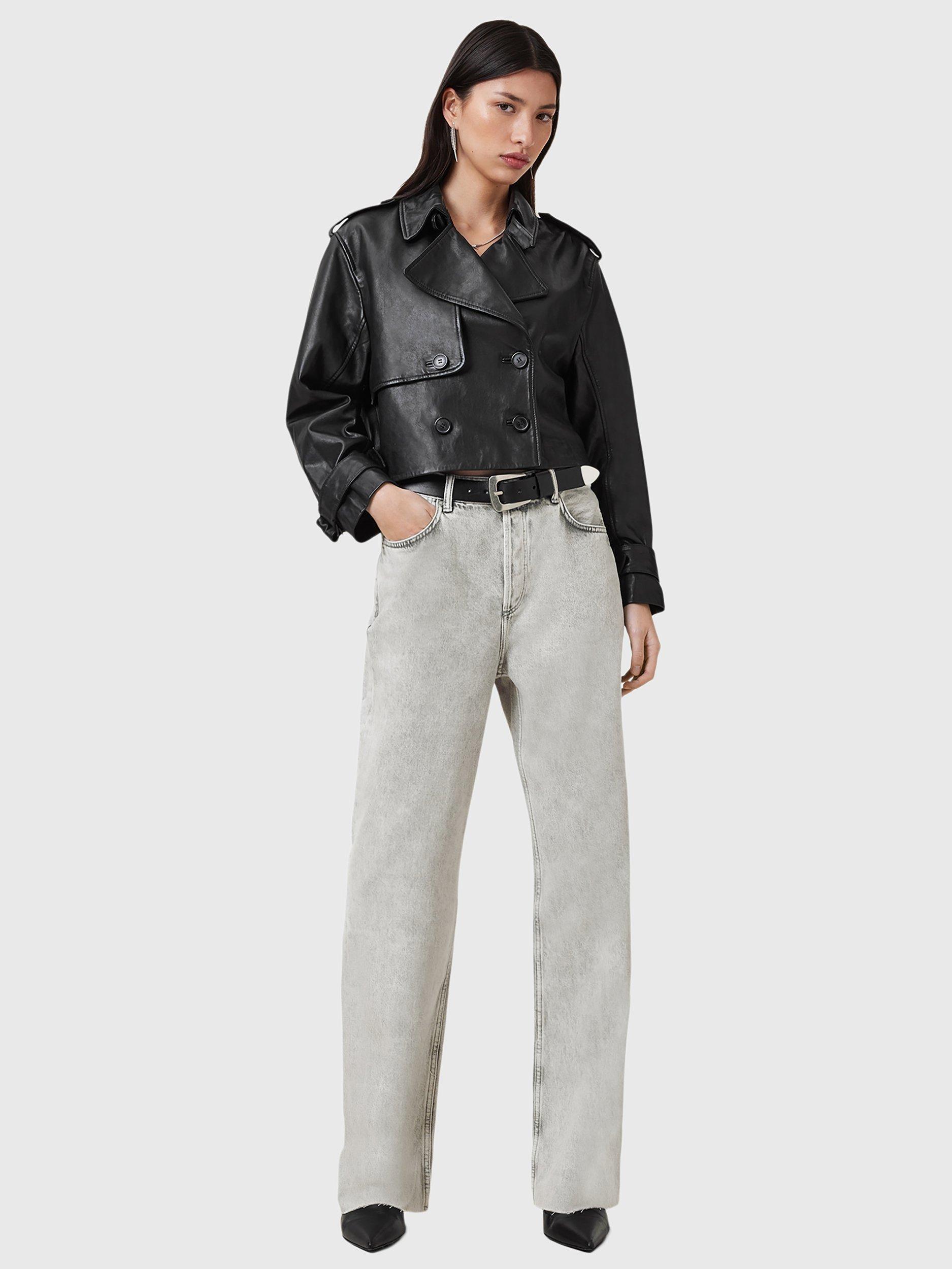 Product image 3 of 9, which shows AllSaints Hendry Crop Leather Trench Jacket, Black, L