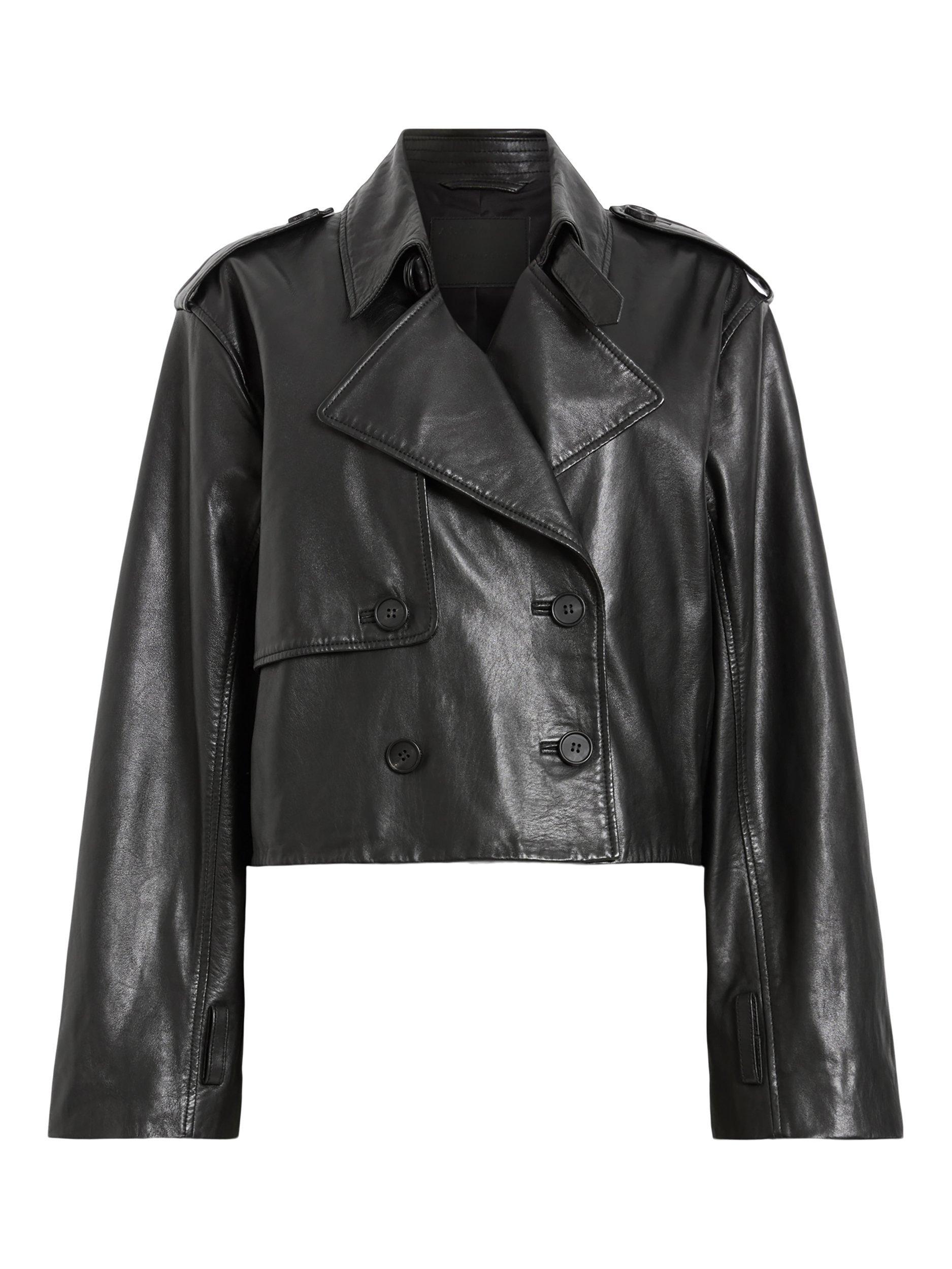Product image 4 of 9, which shows AllSaints Hendry Crop Leather Trench Jacket, Black, L