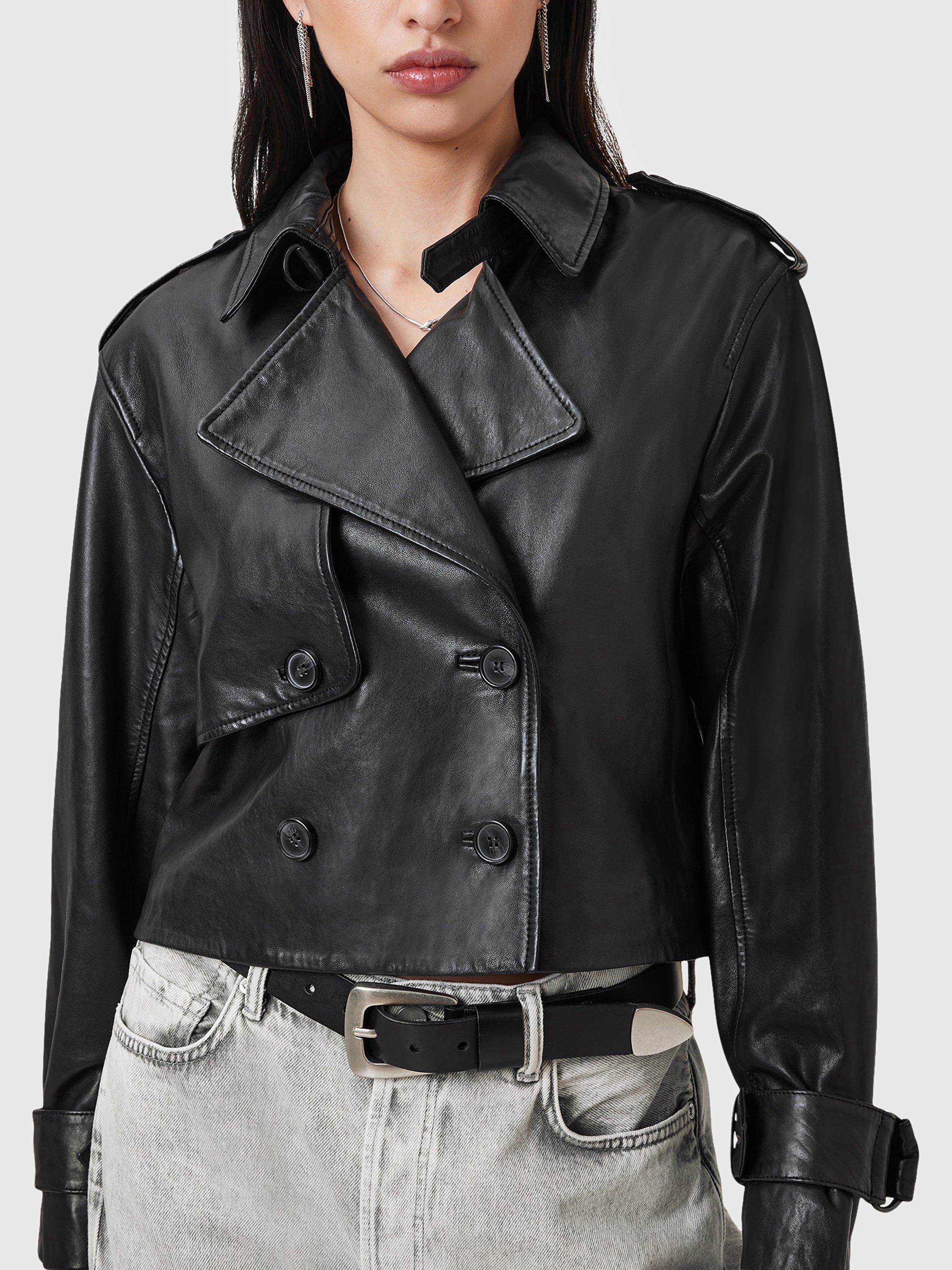 Product image 5 of 9, which shows AllSaints Hendry Crop Leather Trench Jacket, Black, L
