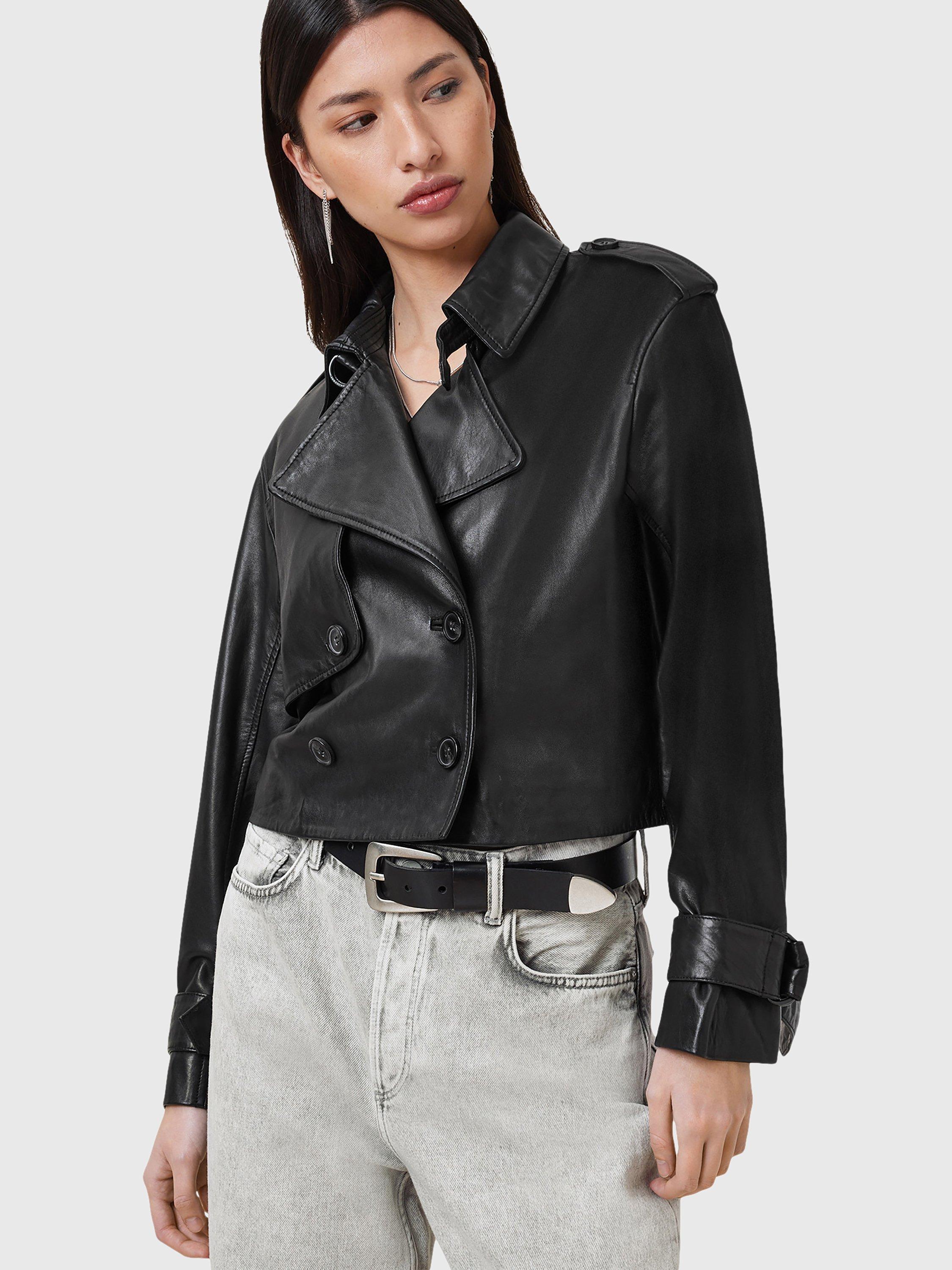 Product image 6 of 9, which shows AllSaints Hendry Crop Leather Trench Jacket, Black, L