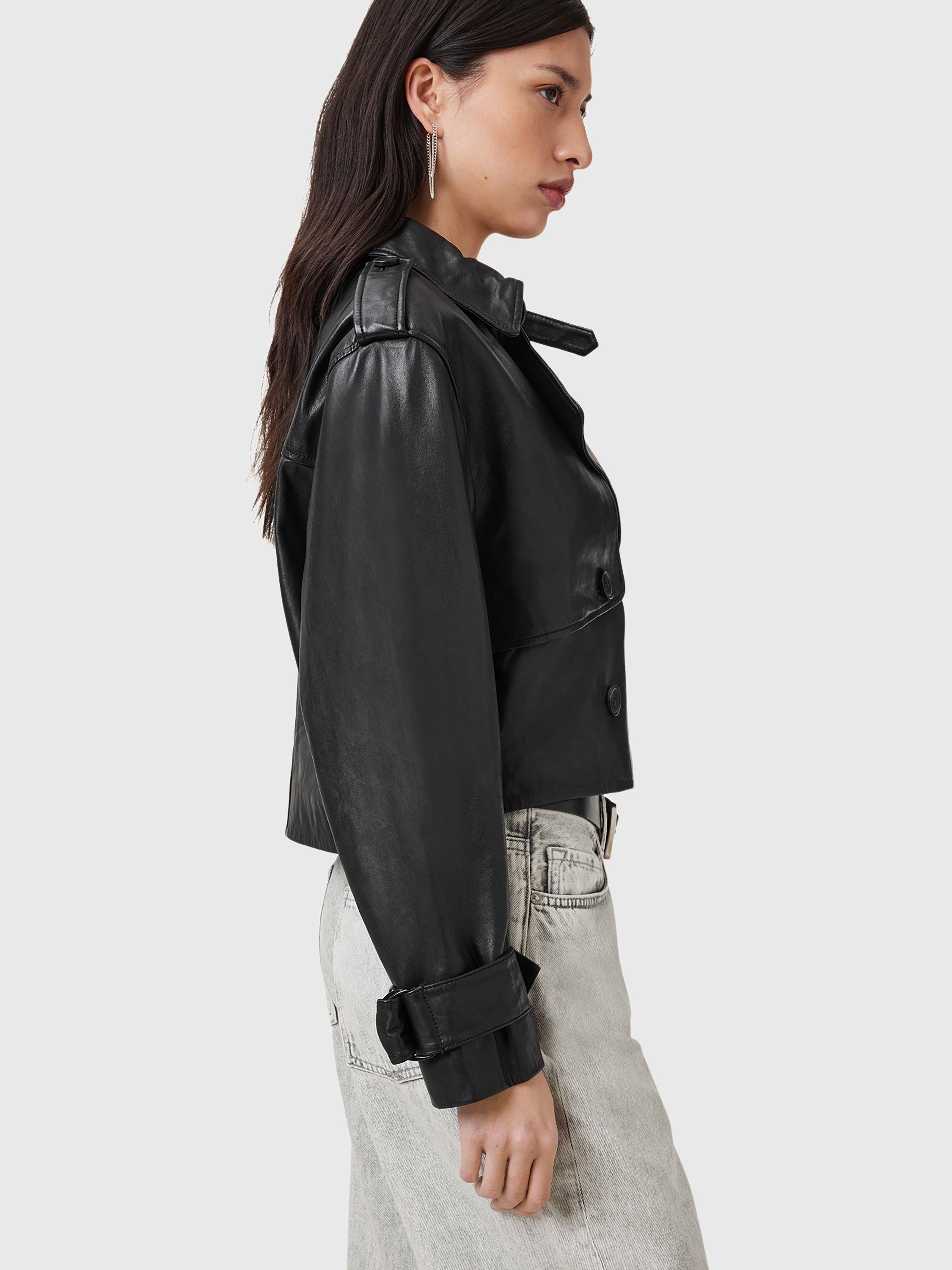 Product image 7 of 9, which shows AllSaints Hendry Crop Leather Trench Jacket, Black, L