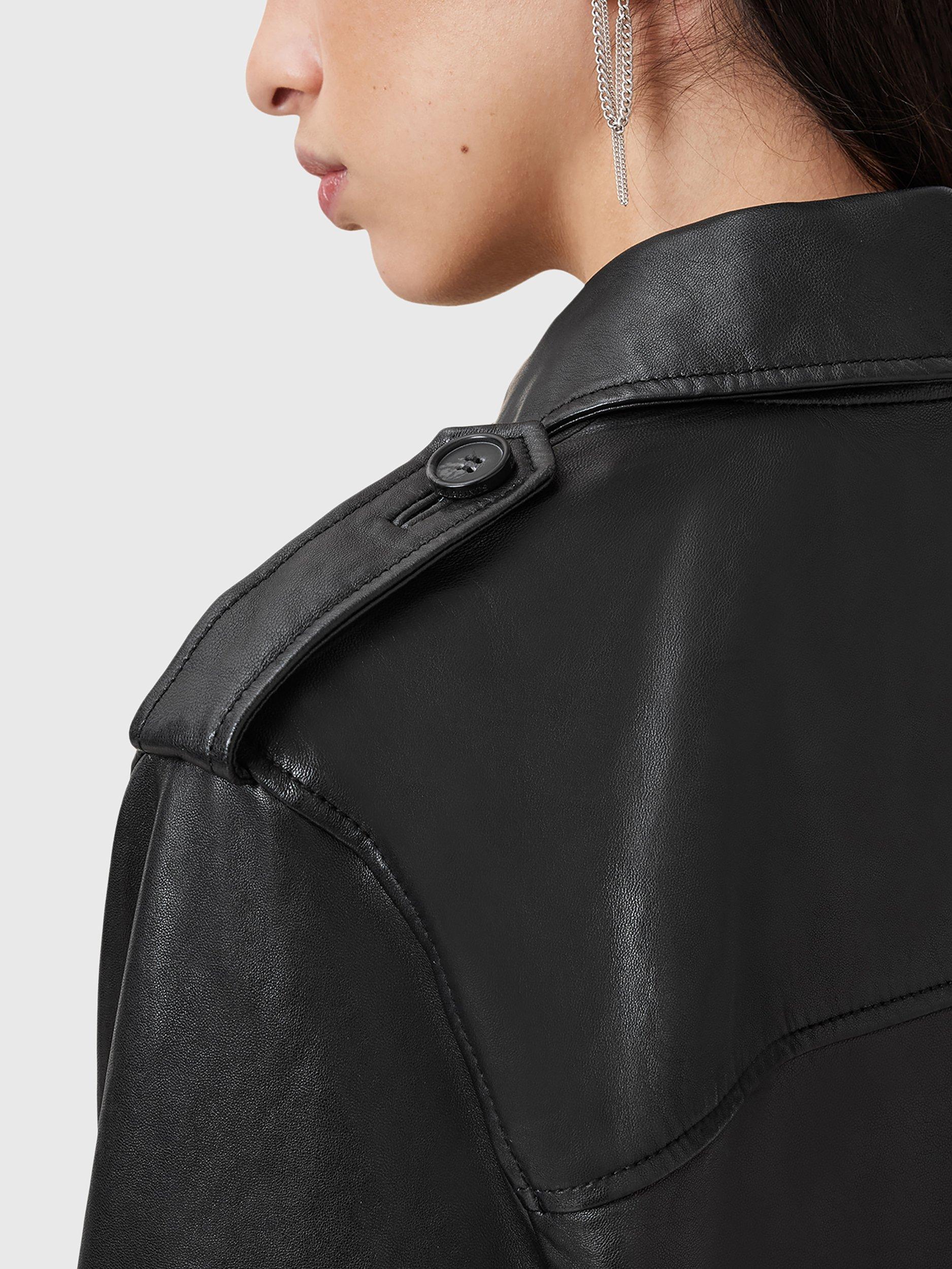 Product image 8 of 9, which shows AllSaints Hendry Crop Leather Trench Jacket, Black, L