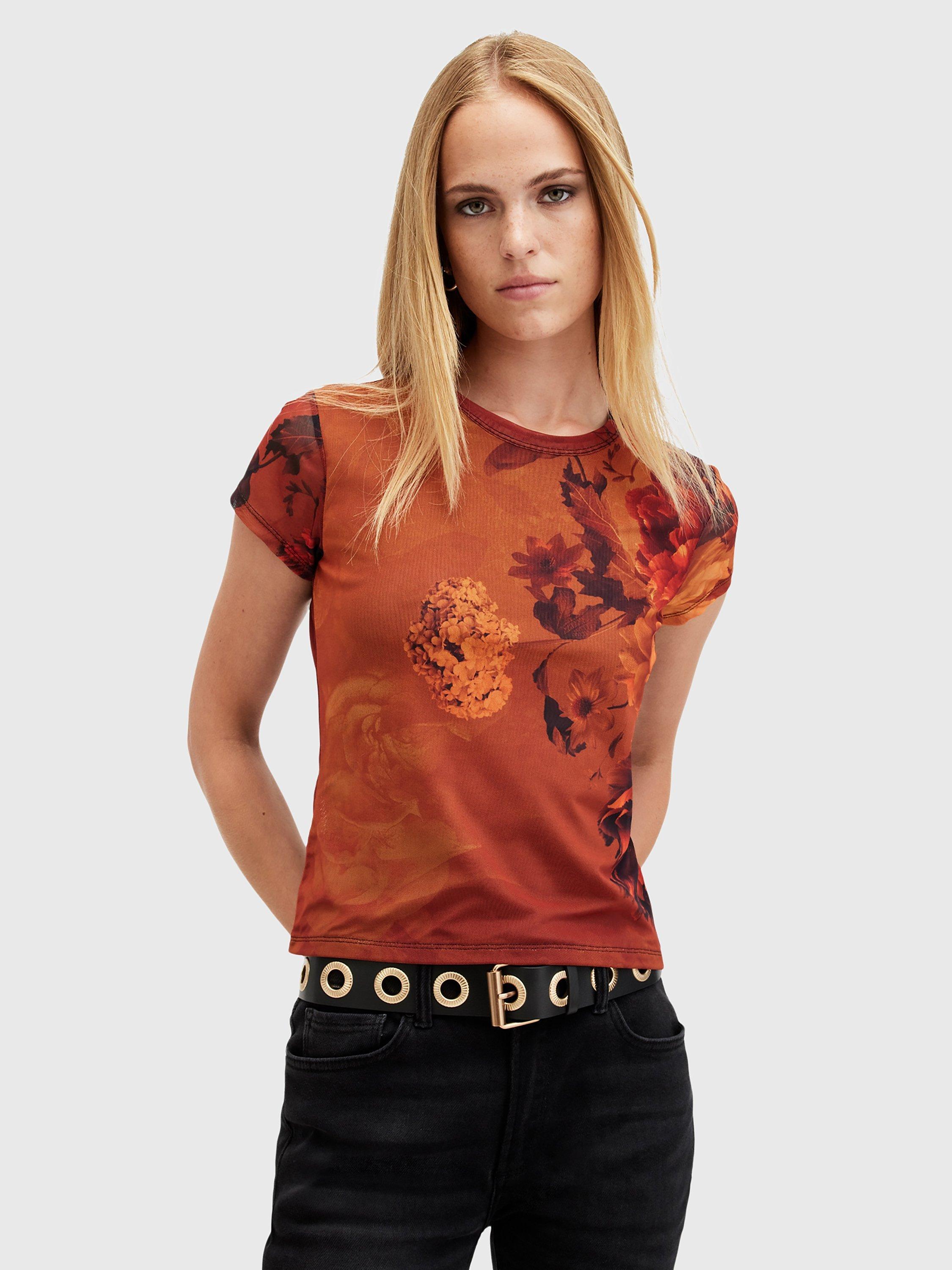 AllSaints Ellie Graphic Mesh T-Shirt, Orange Mid