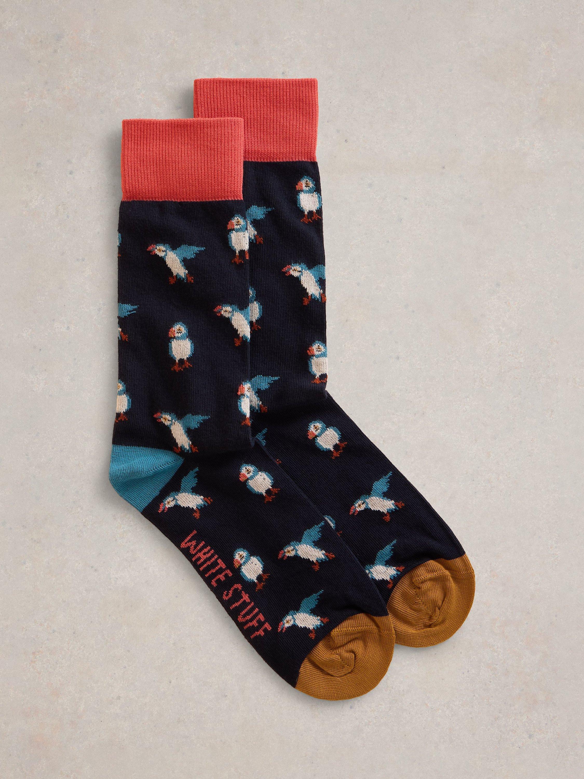 Product image 1 of 2, which shows White Stuff Cotton Blend Puffin Novelty Socks, Black/Multi, 9-12