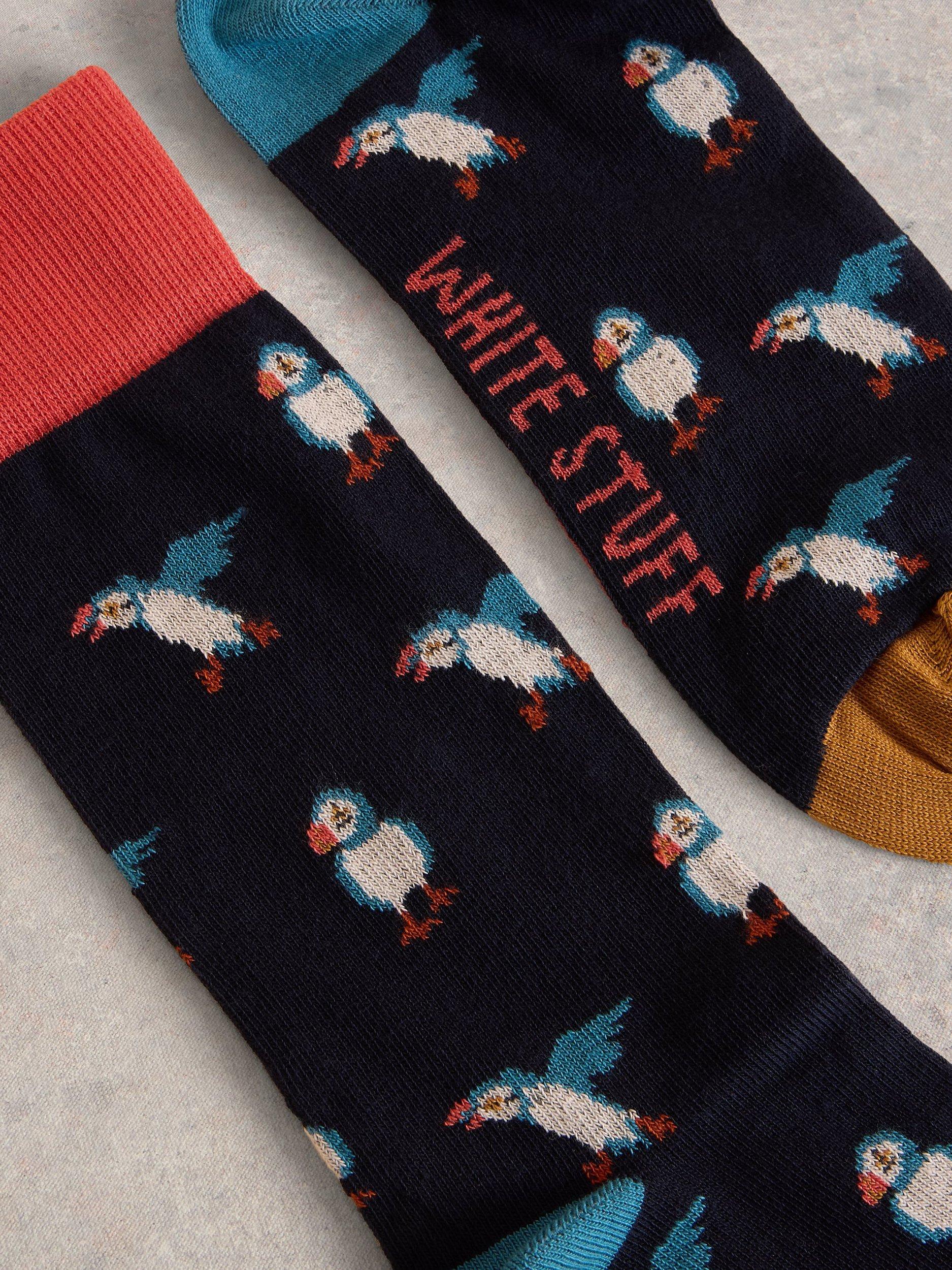 Product image 2 of 2, which shows White Stuff Cotton Blend Puffin Novelty Socks, Black/Multi, 9-12