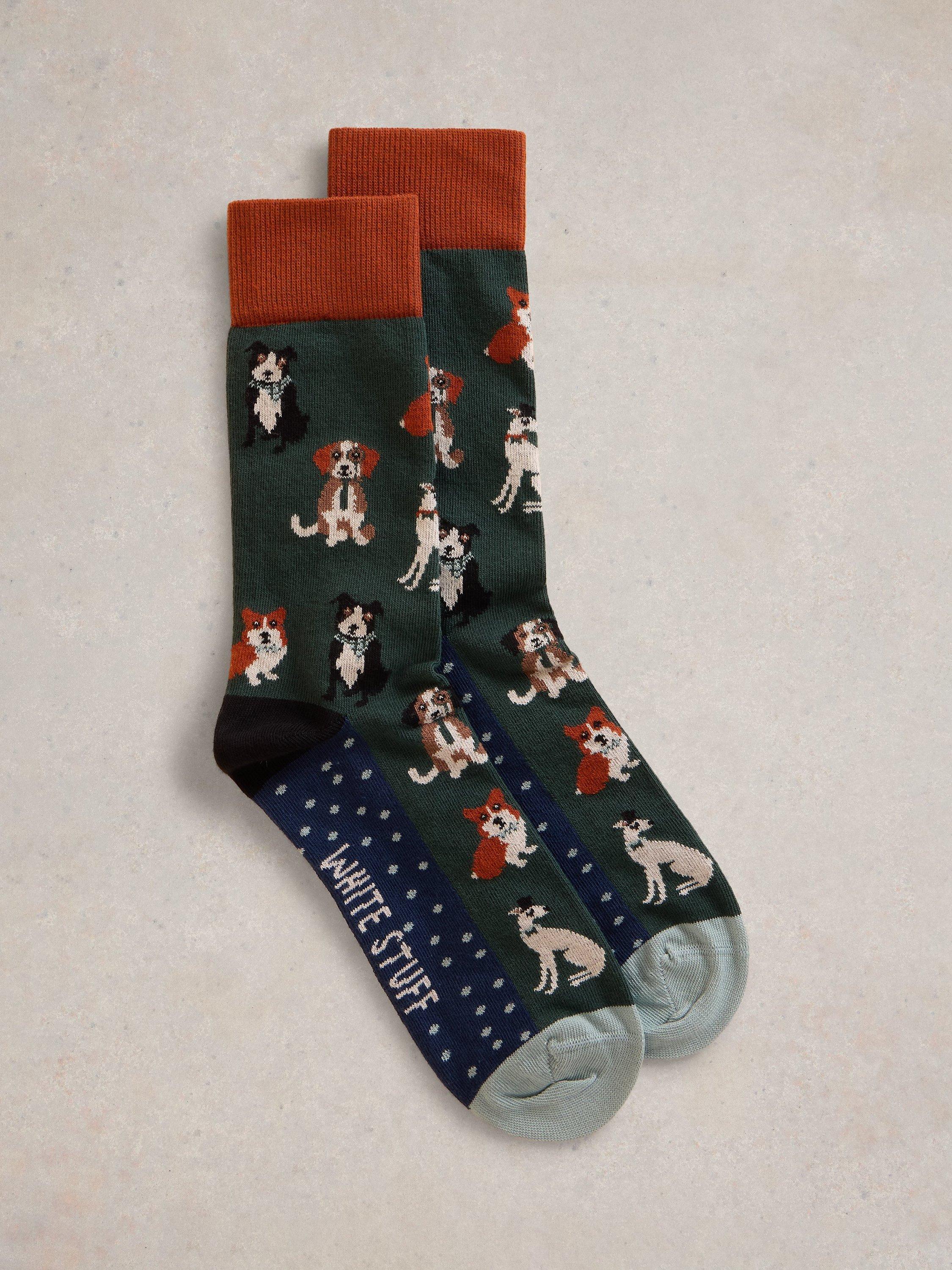 Product image 1 of 2, which shows White Stuff Cotton Blend Dapper Dogs Novelty Socks, Green/Multi, 7-8.5