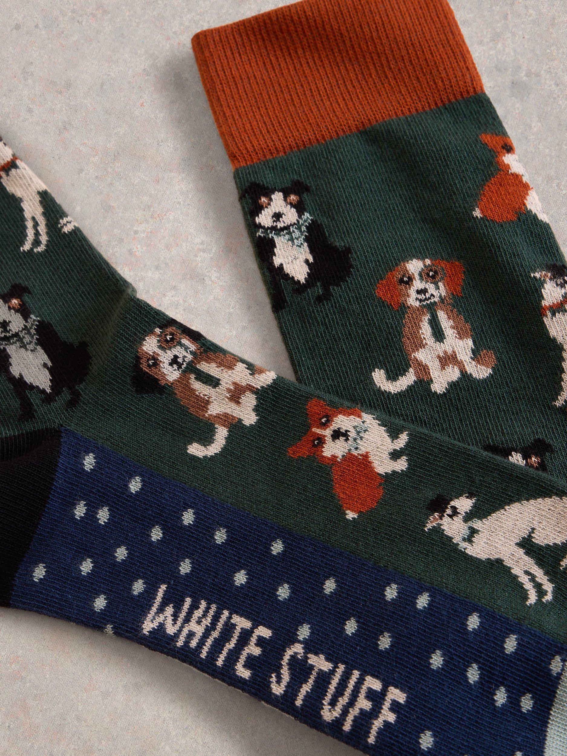 Product image 2 of 2, which shows White Stuff Cotton Blend Dapper Dogs Novelty Socks, Green/Multi, 7-8.5