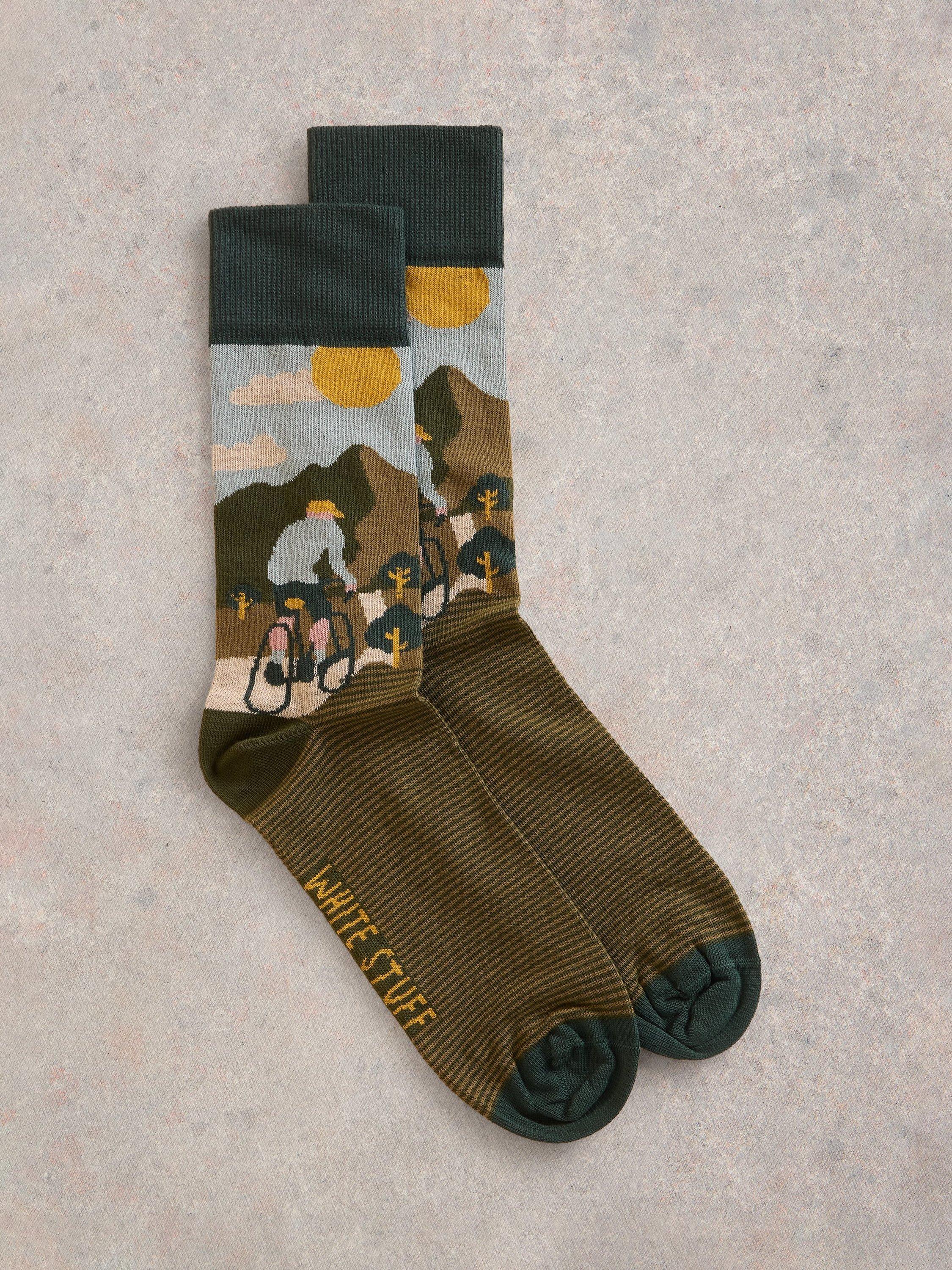 Product image 1 of 2, which shows White Stuff Cotton Blend Cycling Novelty Socks, Green/Multi, 7-8.5