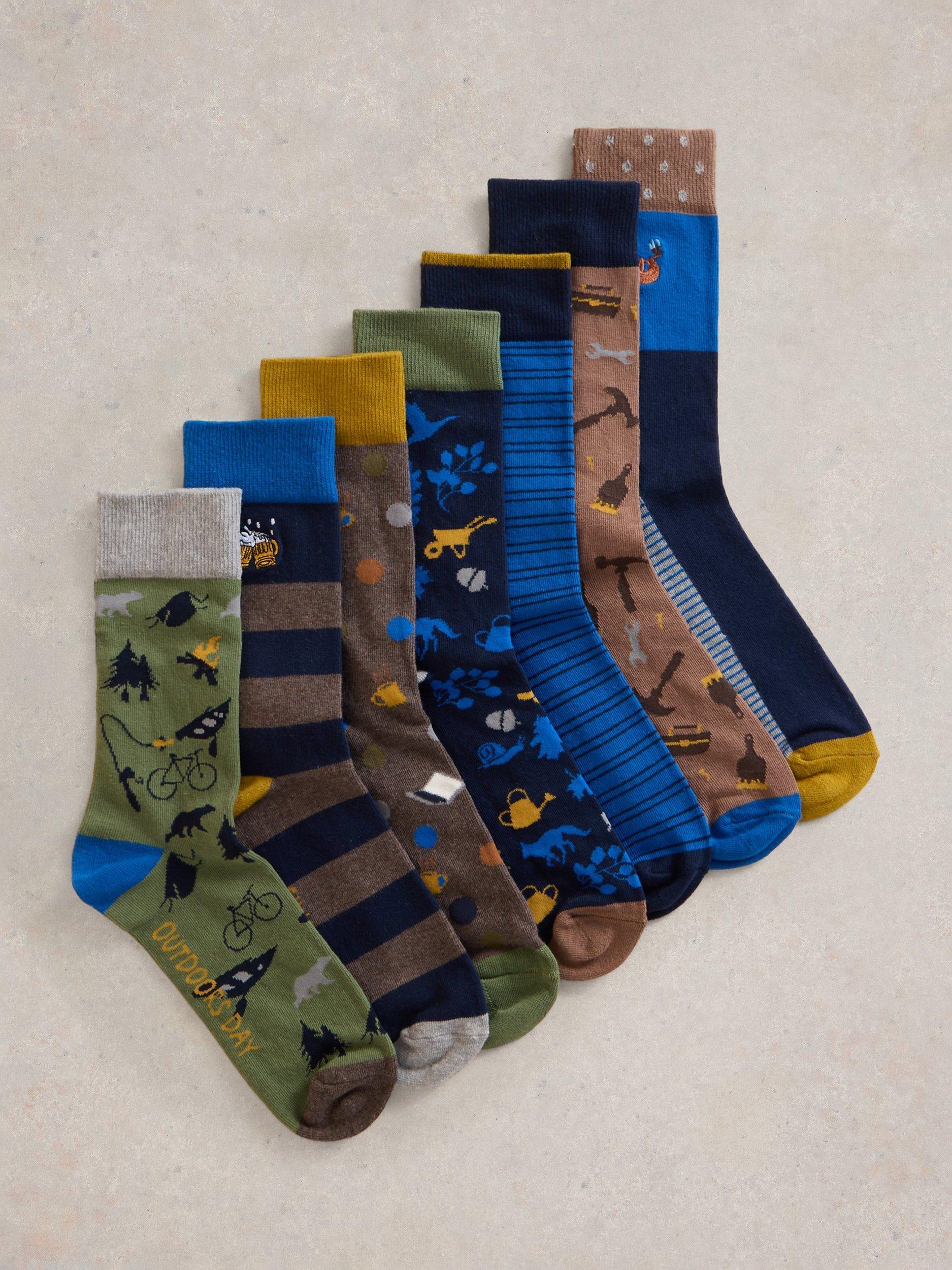 Product image 1 of 2, which shows White Stuff Days of the Week Ankle Socks, Pack of 7, Blue/Multi, 7-8.5