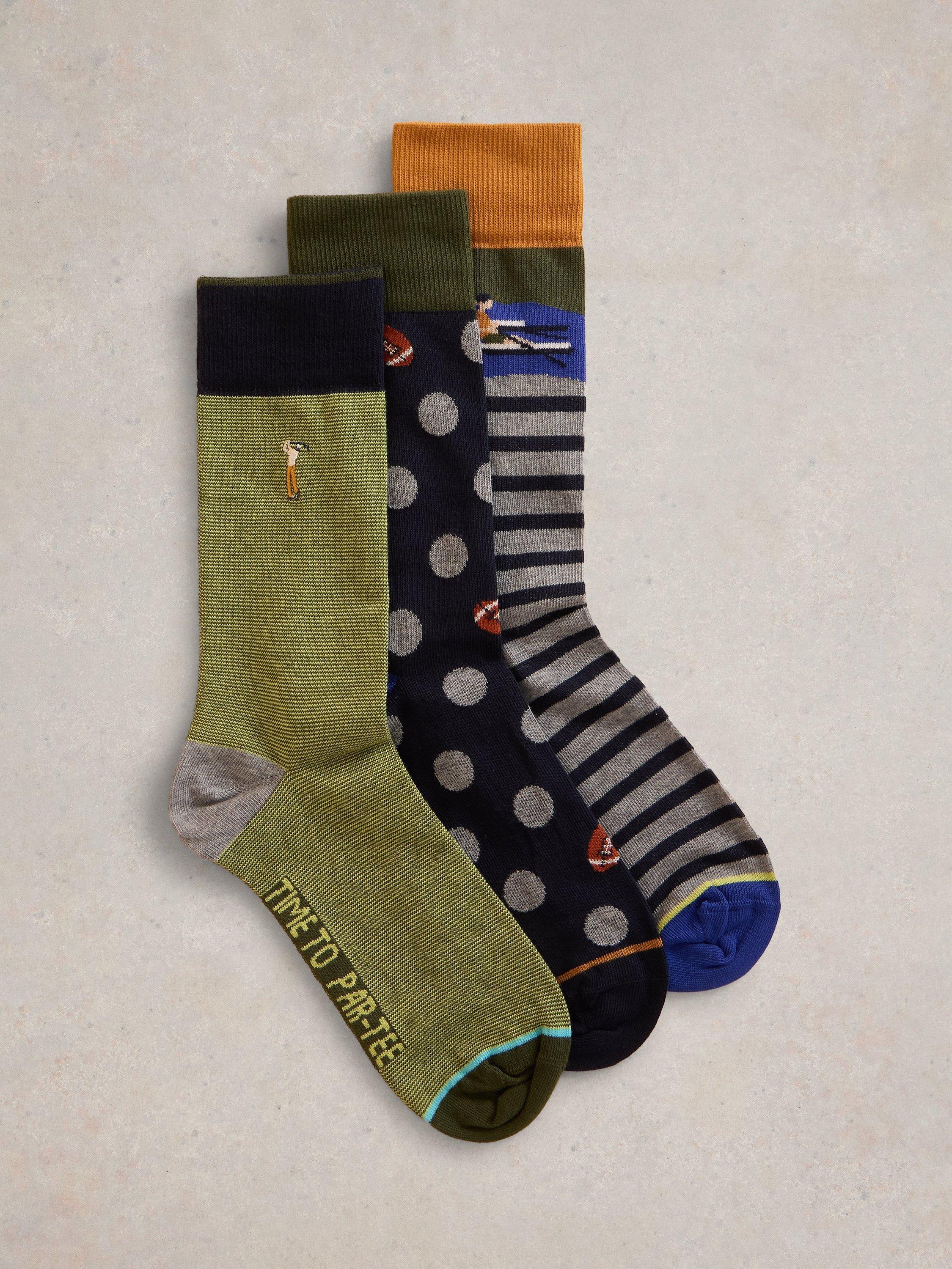 Product image 1 of 2, which shows White Stuff Cotton Blend Sporty Chap Novelty Socks, Pack of 3, Green/Multi, 7-8.5