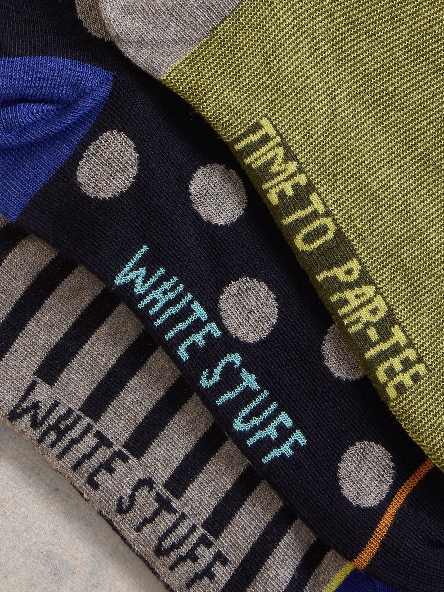 Product image 2 of 2, which shows White Stuff Cotton Blend Sporty Chap Novelty Socks, Pack of 3, Green/Multi, 7-8.5