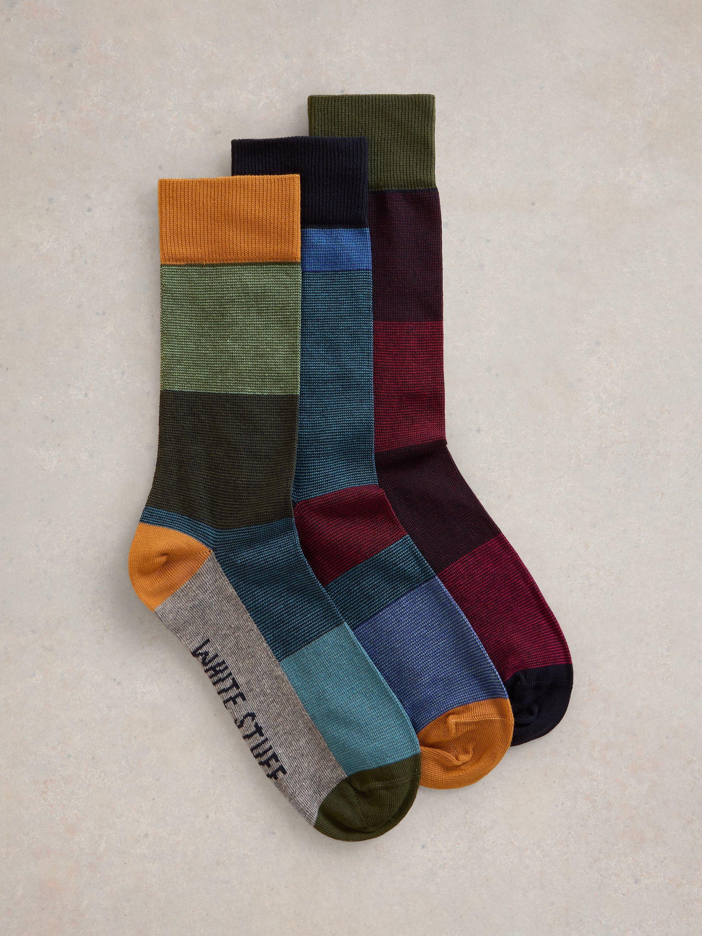 Product image 1 of 2, which shows White Stuff Cotton Blend Colourblock Socks, Pack of 3, Blue/Multi, 7-8.5