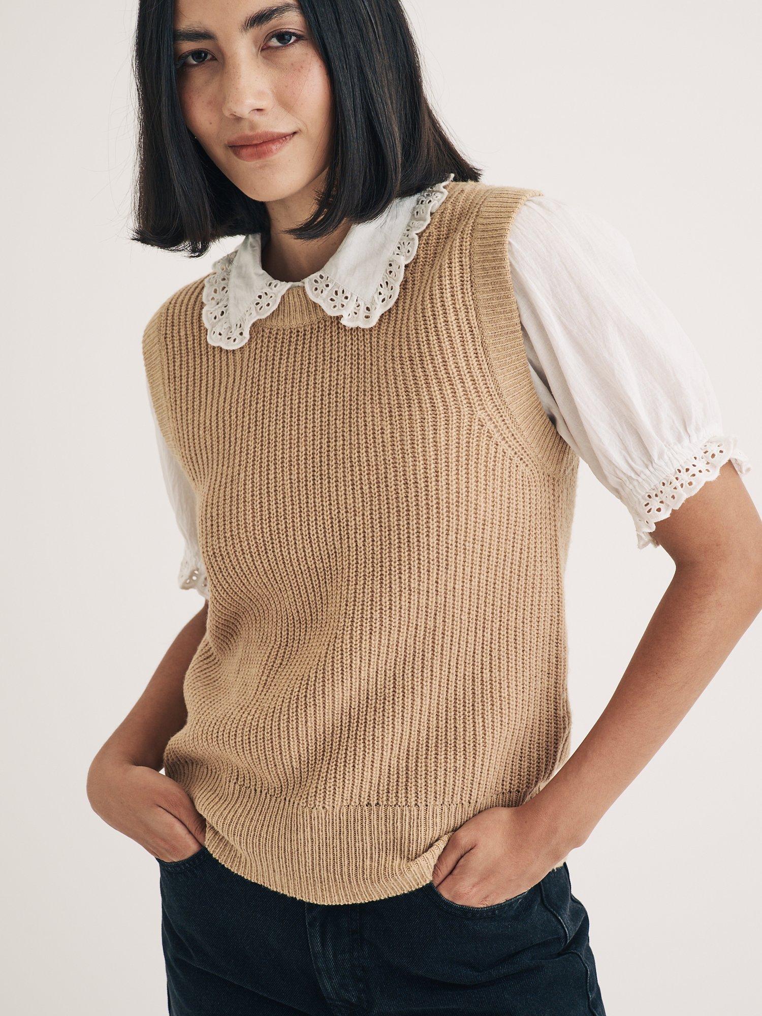 Nobody's Child Crew Neck Ribbed Organic Cotton Blend Knit Top, Beige