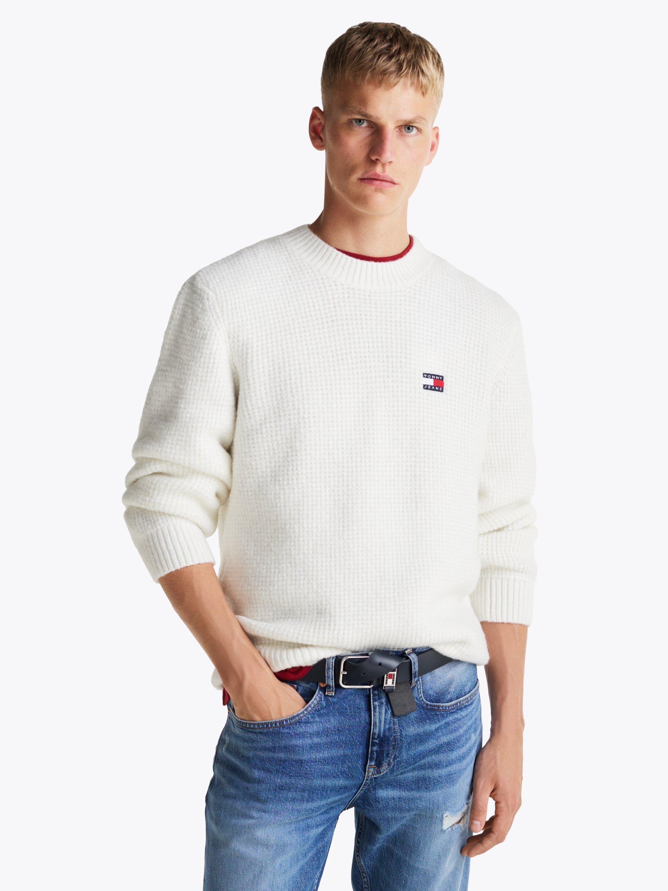 Tommy Jeans Waffle Knit Crew Neck Jumper, White Melange