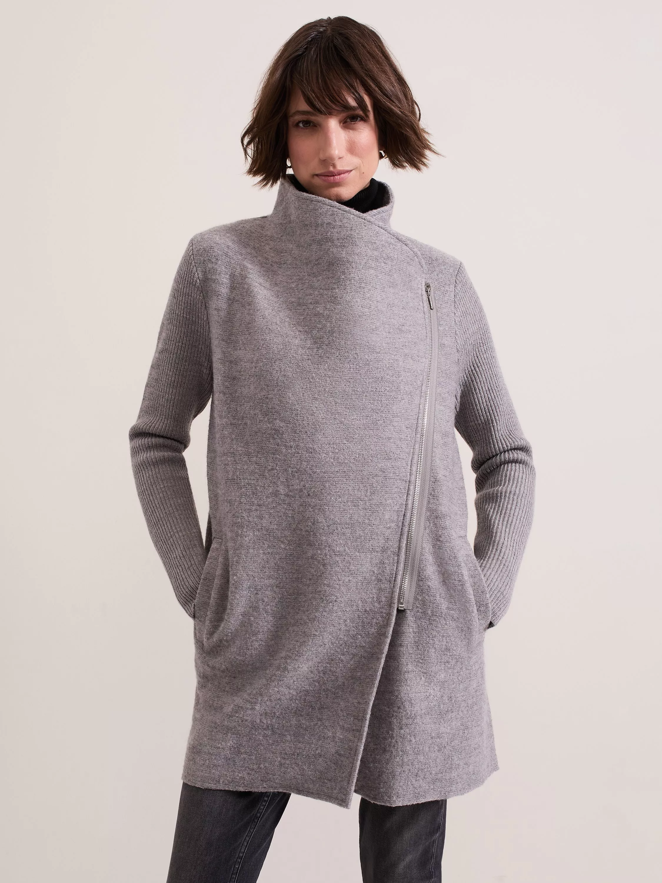 Grey funnel neck coat women's best sale