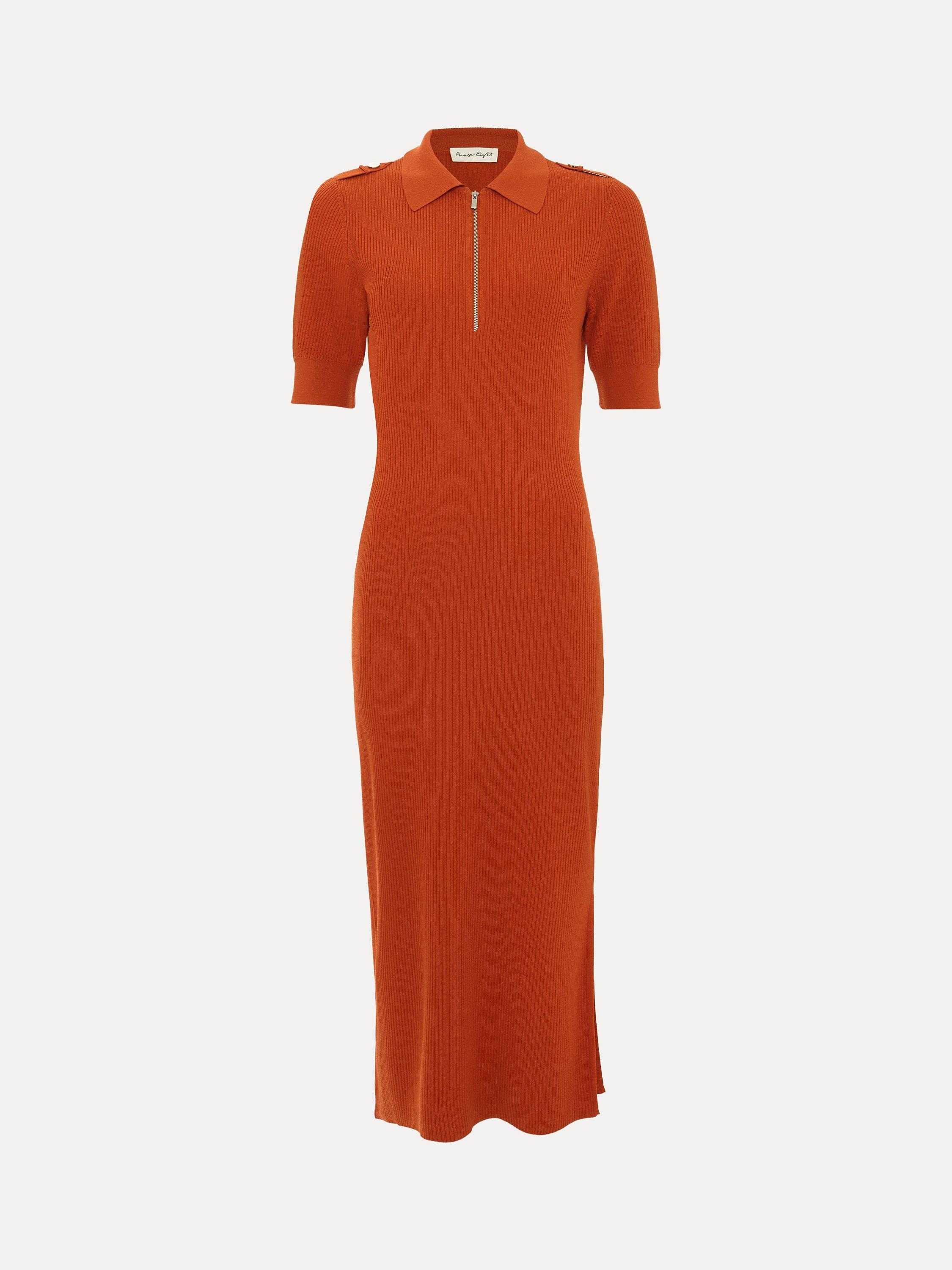 Product image 7 of 7, which shows Phase Eight Perrie Ribbed Polo Collar Midi Dress, Orange, 14