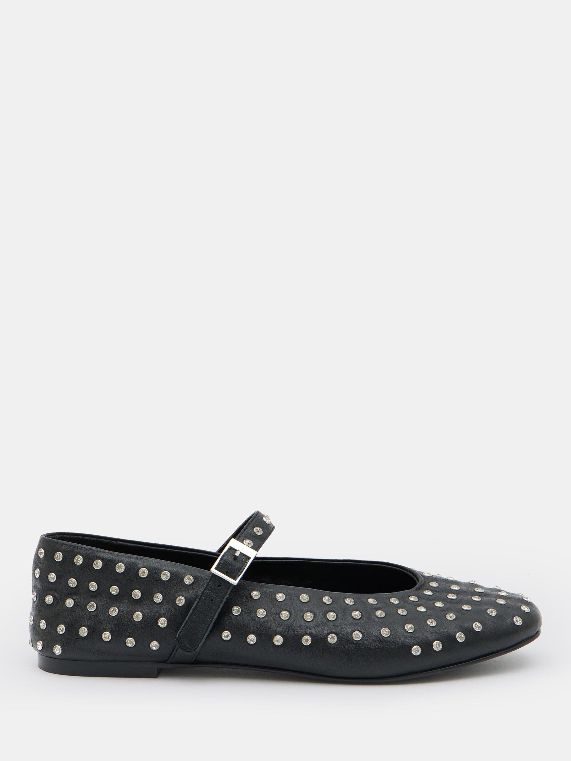 Product image 2 of 4, which shows HUSH Leather Diamante Studded Mary Janes, Black, 3