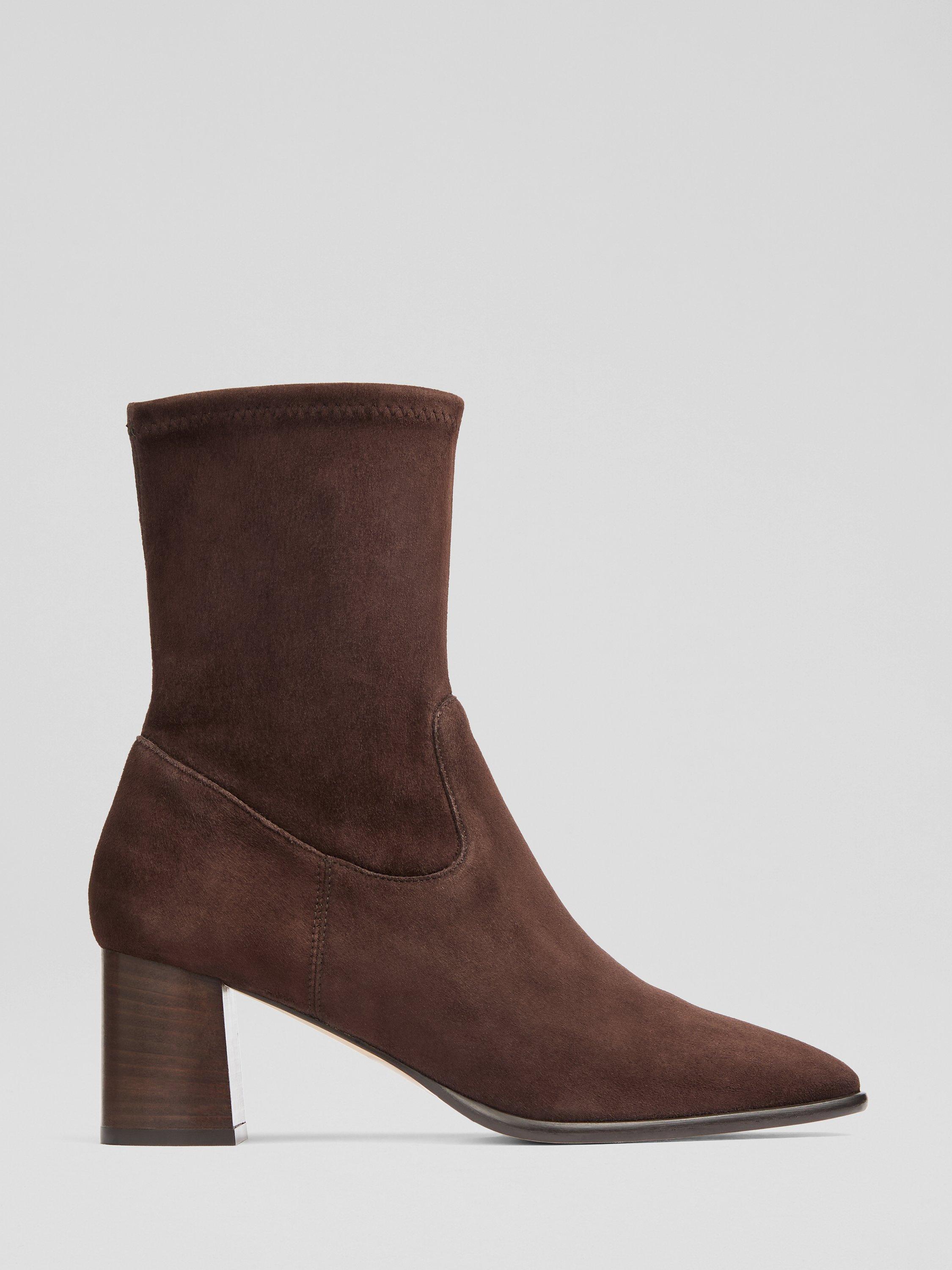 Product image 1 of 4, which shows L.K. Bennett Harp Stretch Suede Ankle Boots, Chocolate, 3